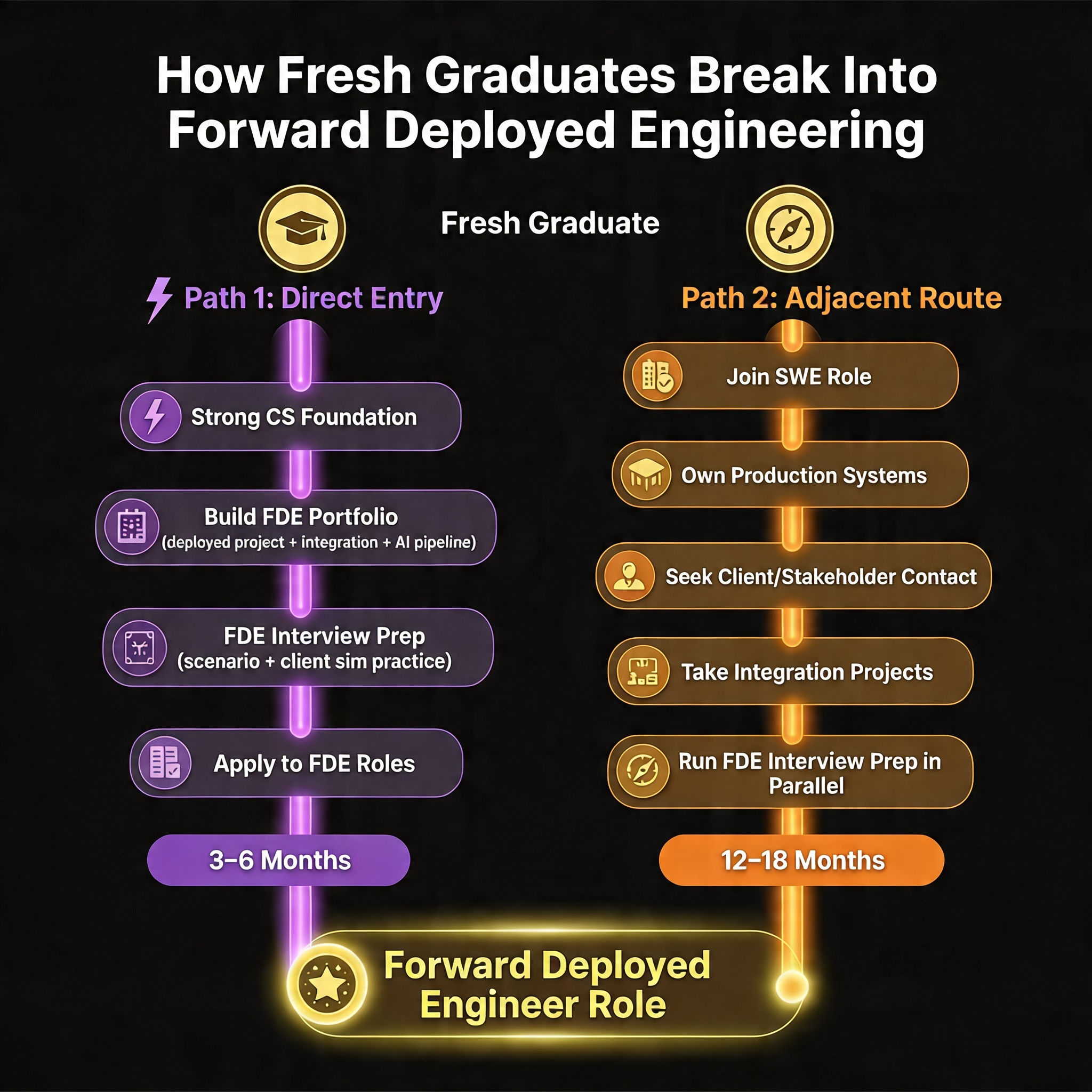 Infographic showing two career paths for fresh graduates into Forward Deployed Engineering: Direct Entry in 3-6 months and Adjacent SWE Route in 12-18 months, both converging at the Forward Deployed Engineer role