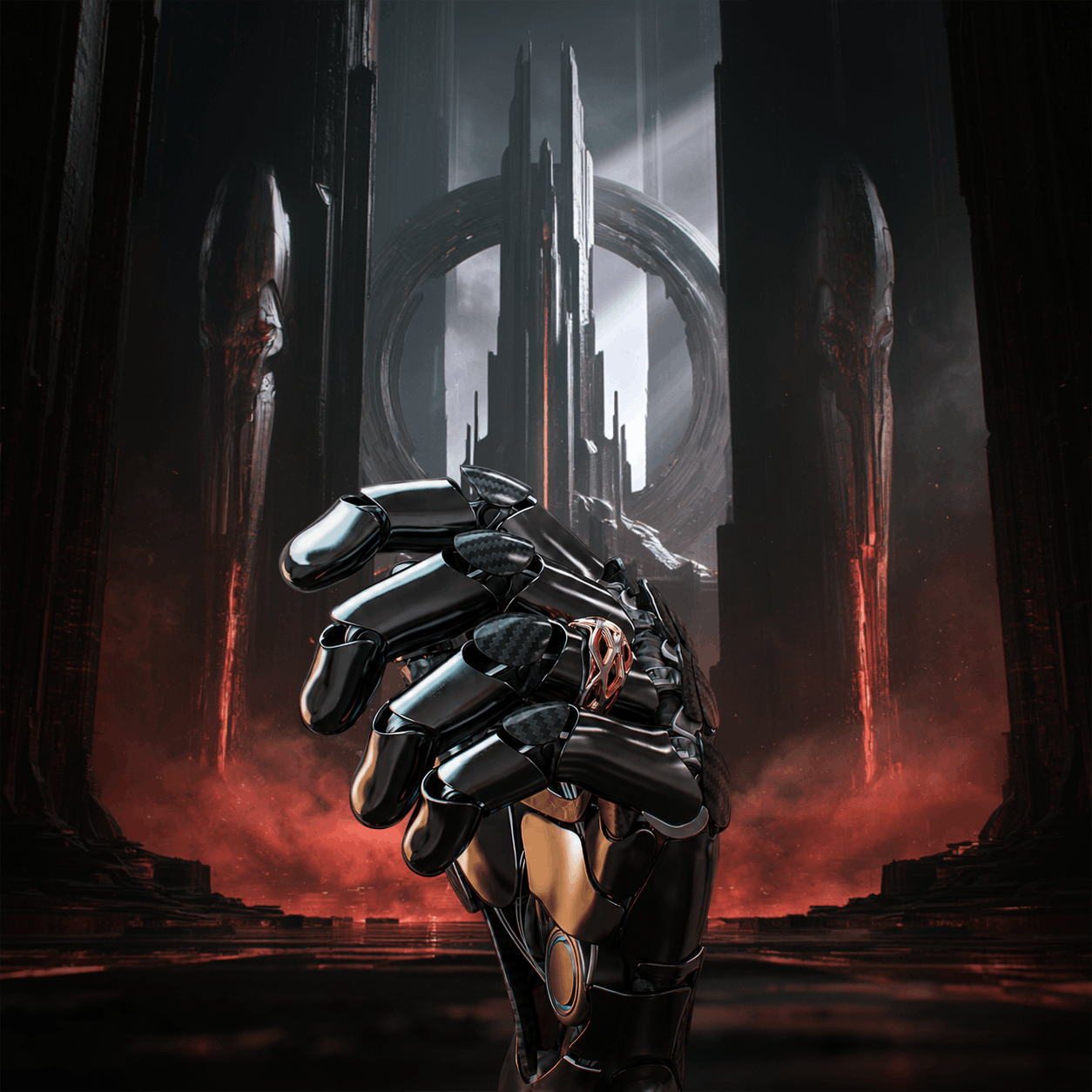 Layrium jewelry Maykr Ring Silver Rose Gold Copper held by robotic hand