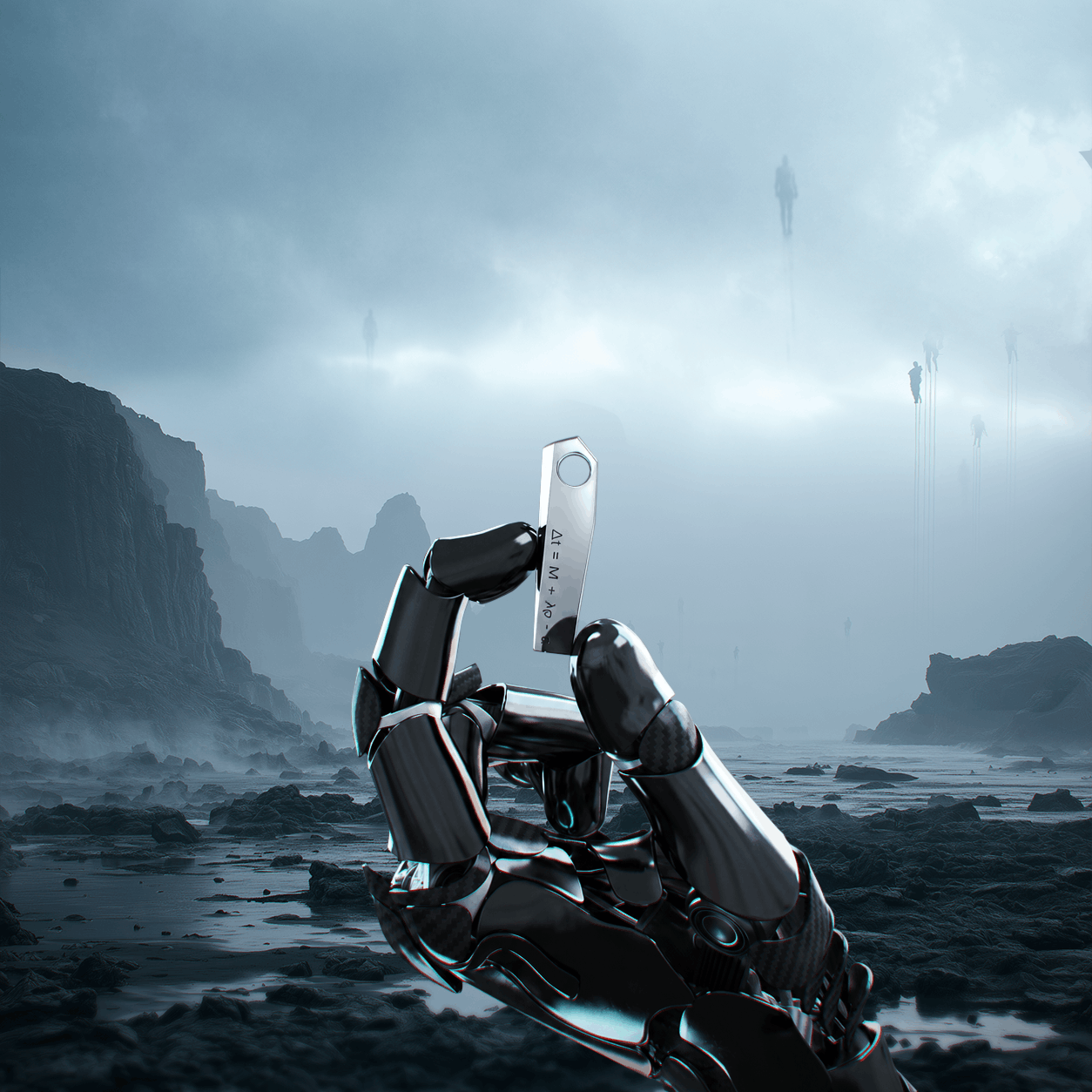 Layrium Monolith Silver Pendant held by robotic hand