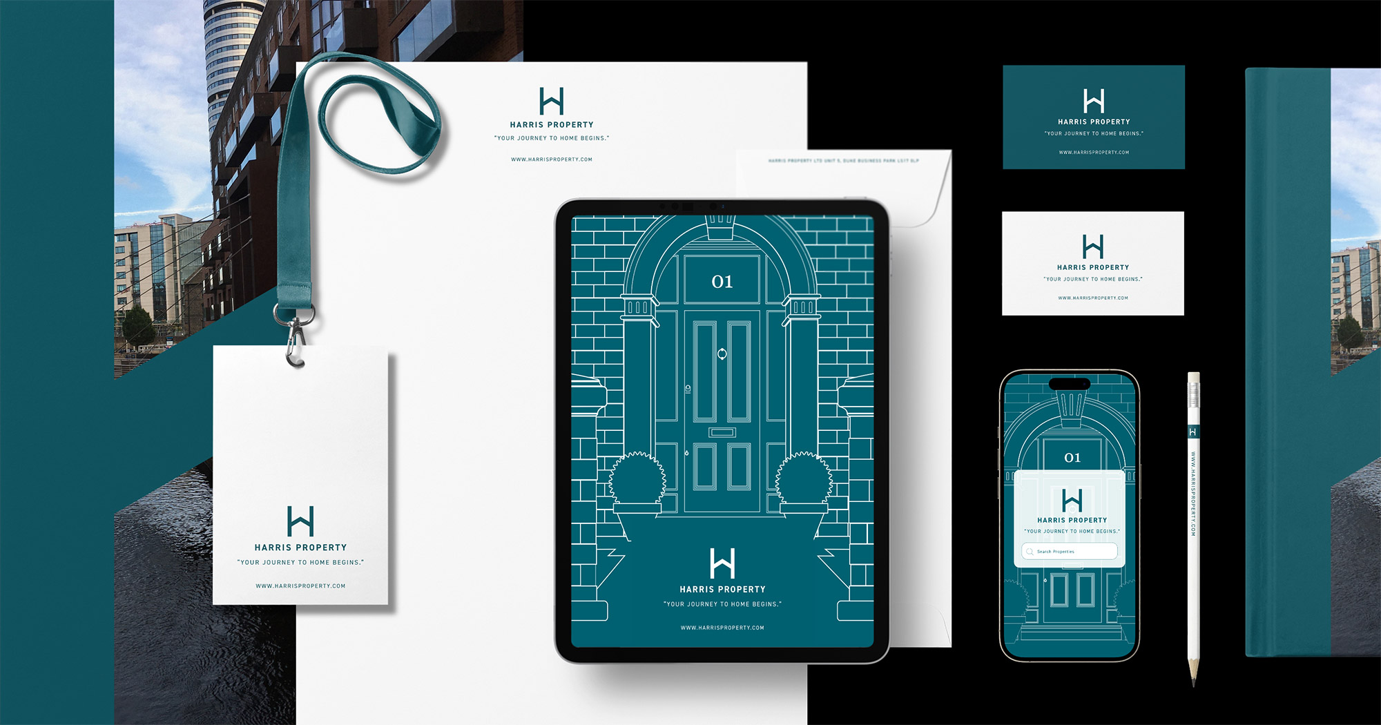 Harris Property brand identity mockups including stationery, tablet and phone