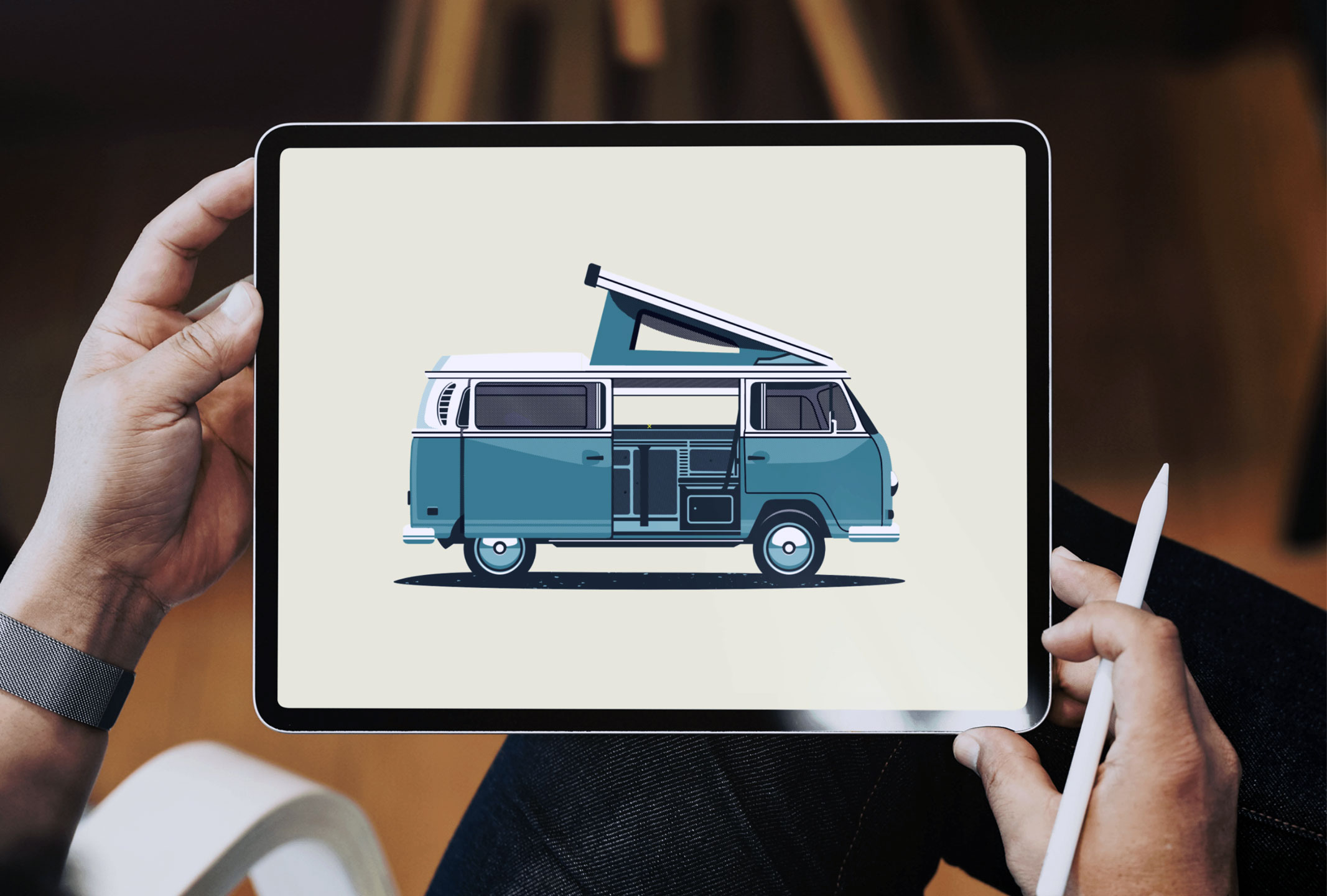 Custom illustration displayed on an iPad Pro