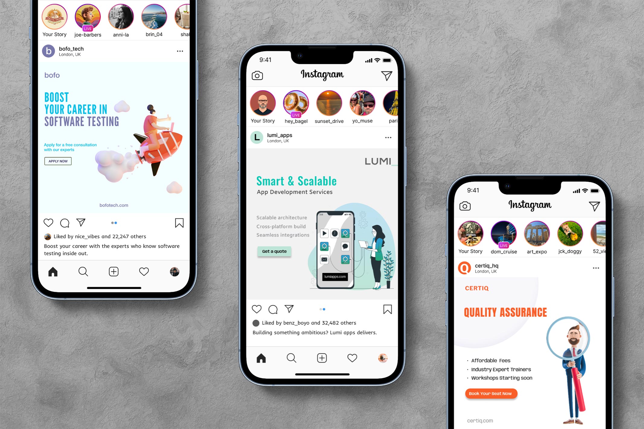 Social media design concept mockups on phone screens