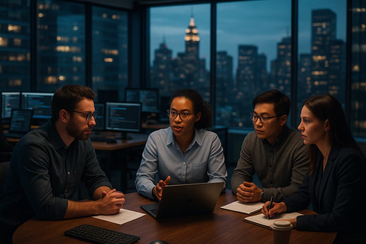 Diverse IT team discussing business continuity plan