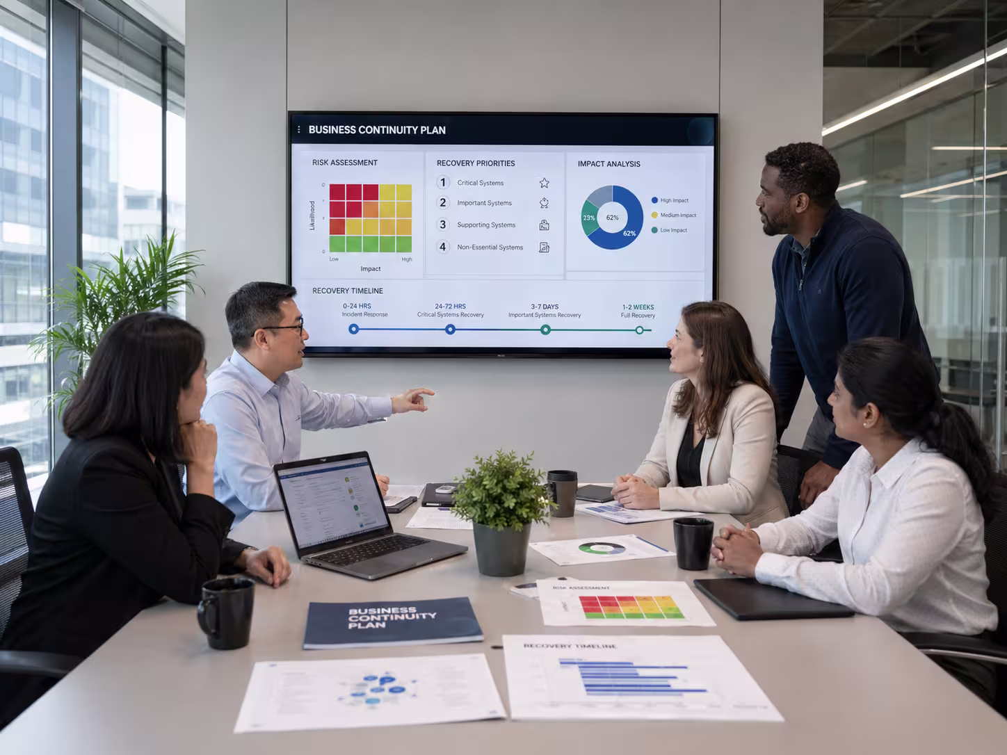 Diverse IT team discussing business continuity plan