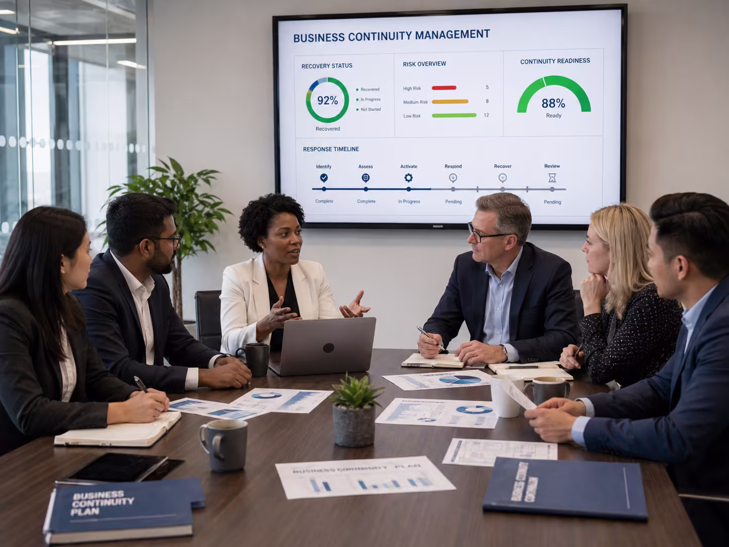 Diverse team discussing business continuity management