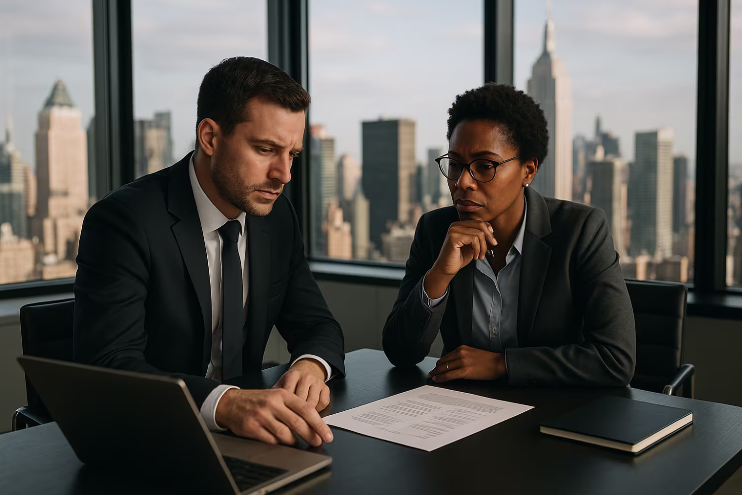Business professionals discussing continuity consulting, NYC skyline