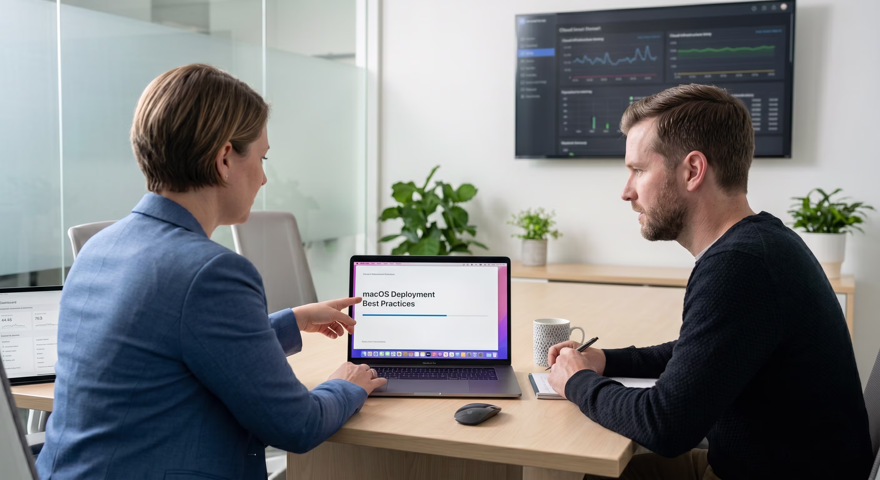 Apple consulting team helping business staff use MacBooks and iPhones in a modern office environment