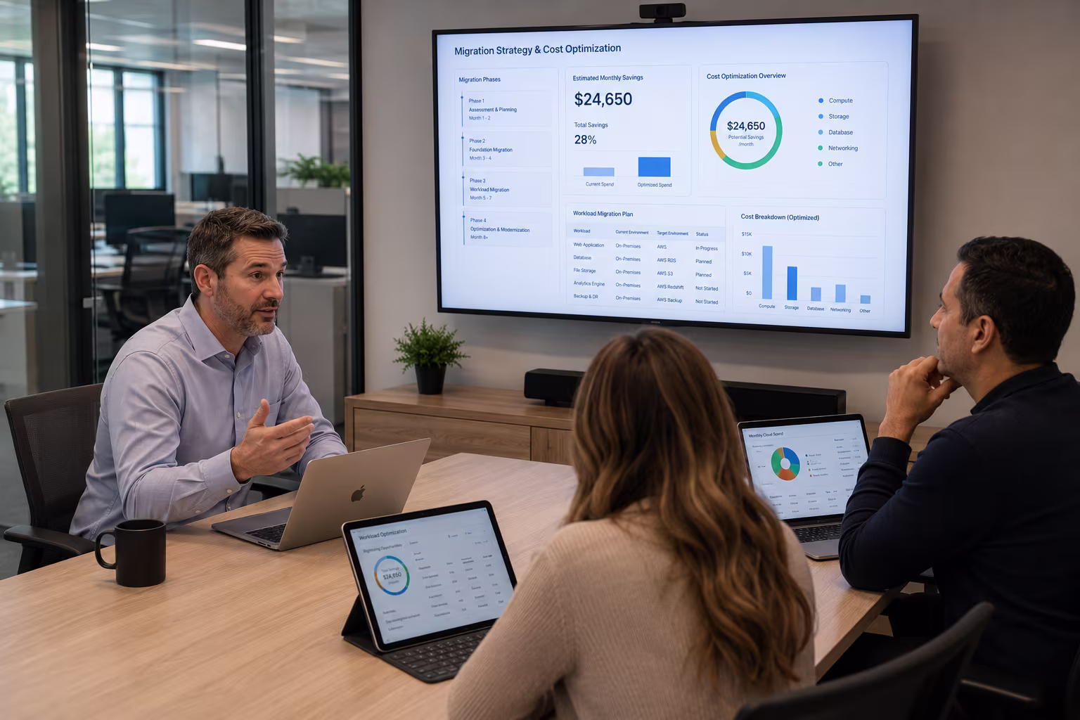 Diverse team discussing cloud migration consulting