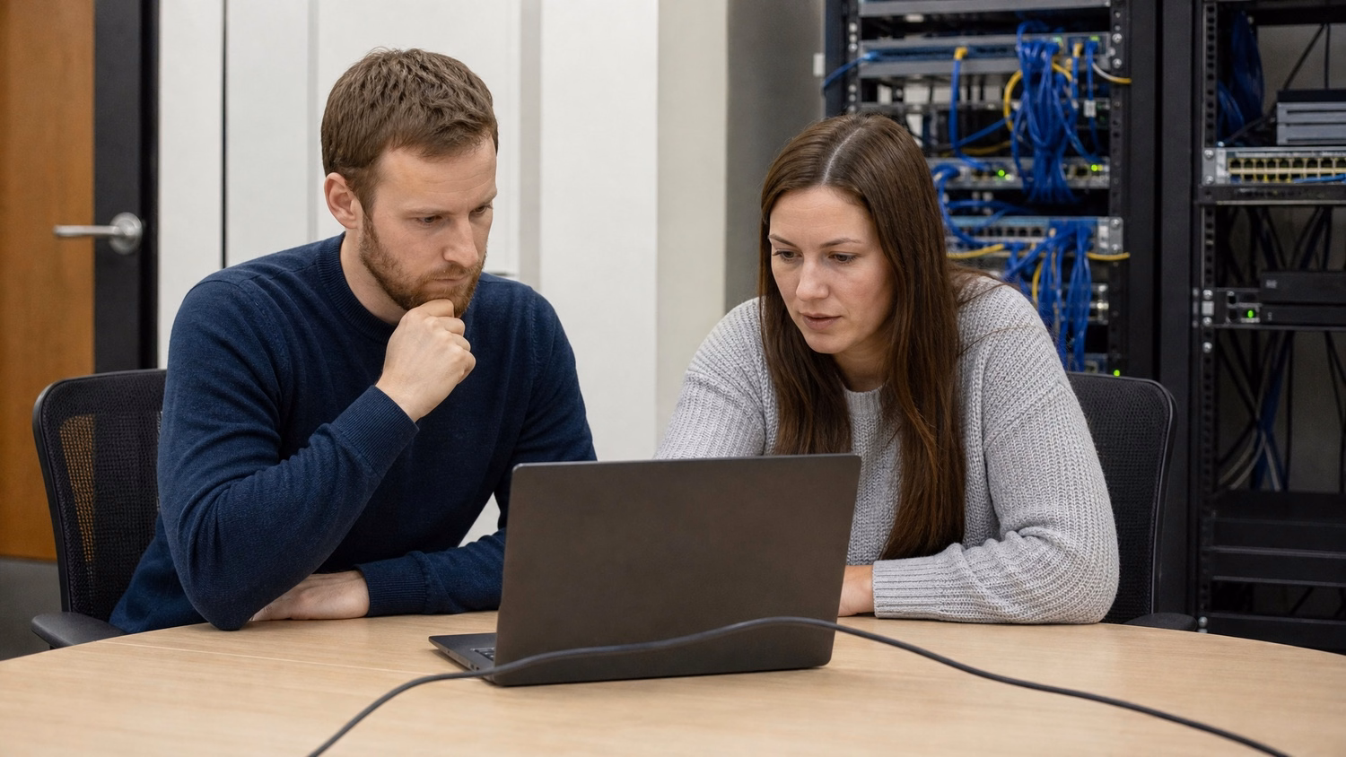 Two Caucasian colleagues, one man and one woman, sit side-by-side at a
