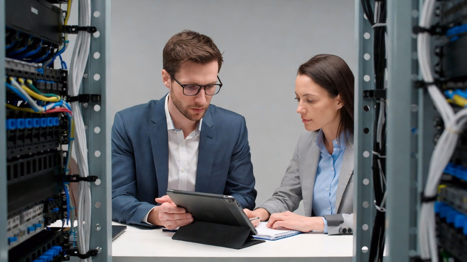 Two Caucasian professionals, a man and a woman, are seated at a meeting