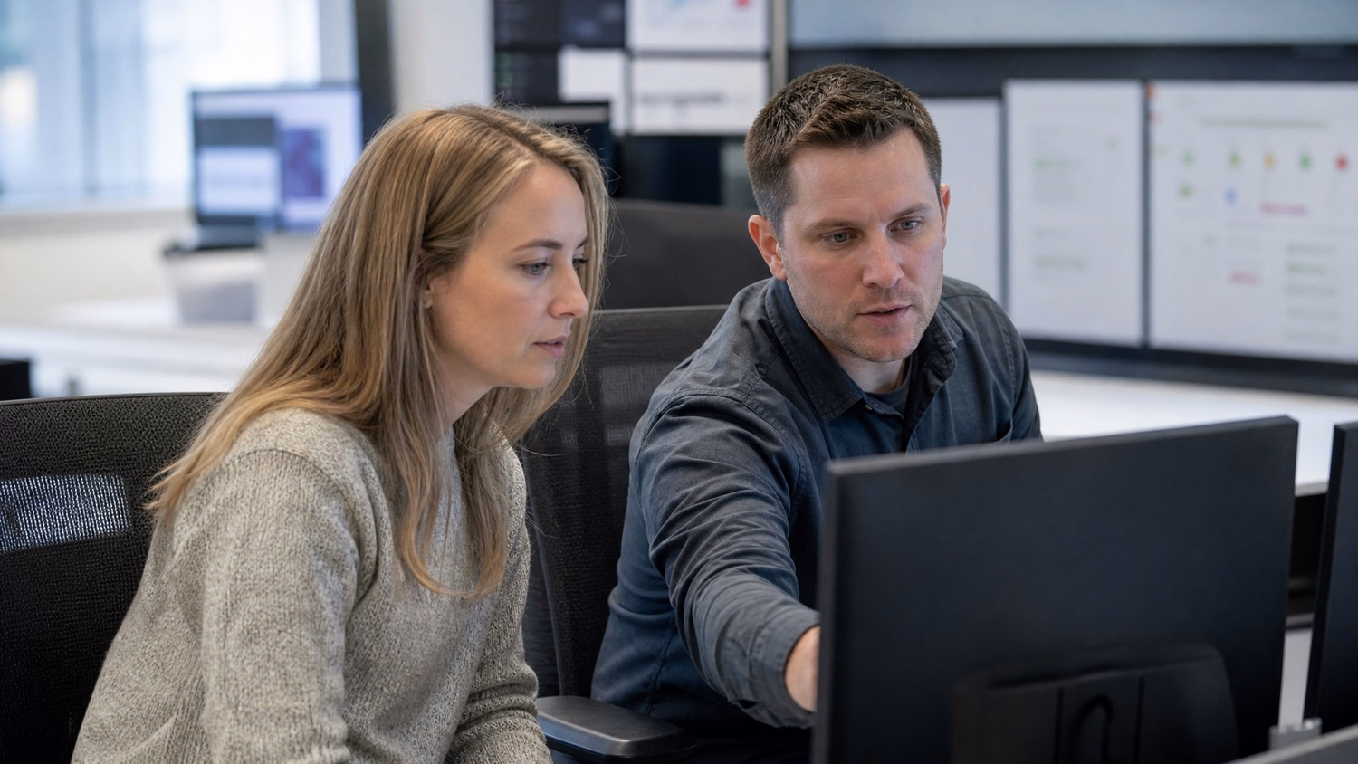 SIDE-BY-SIDE PAIR An IT professional two people seated side by side reviewin