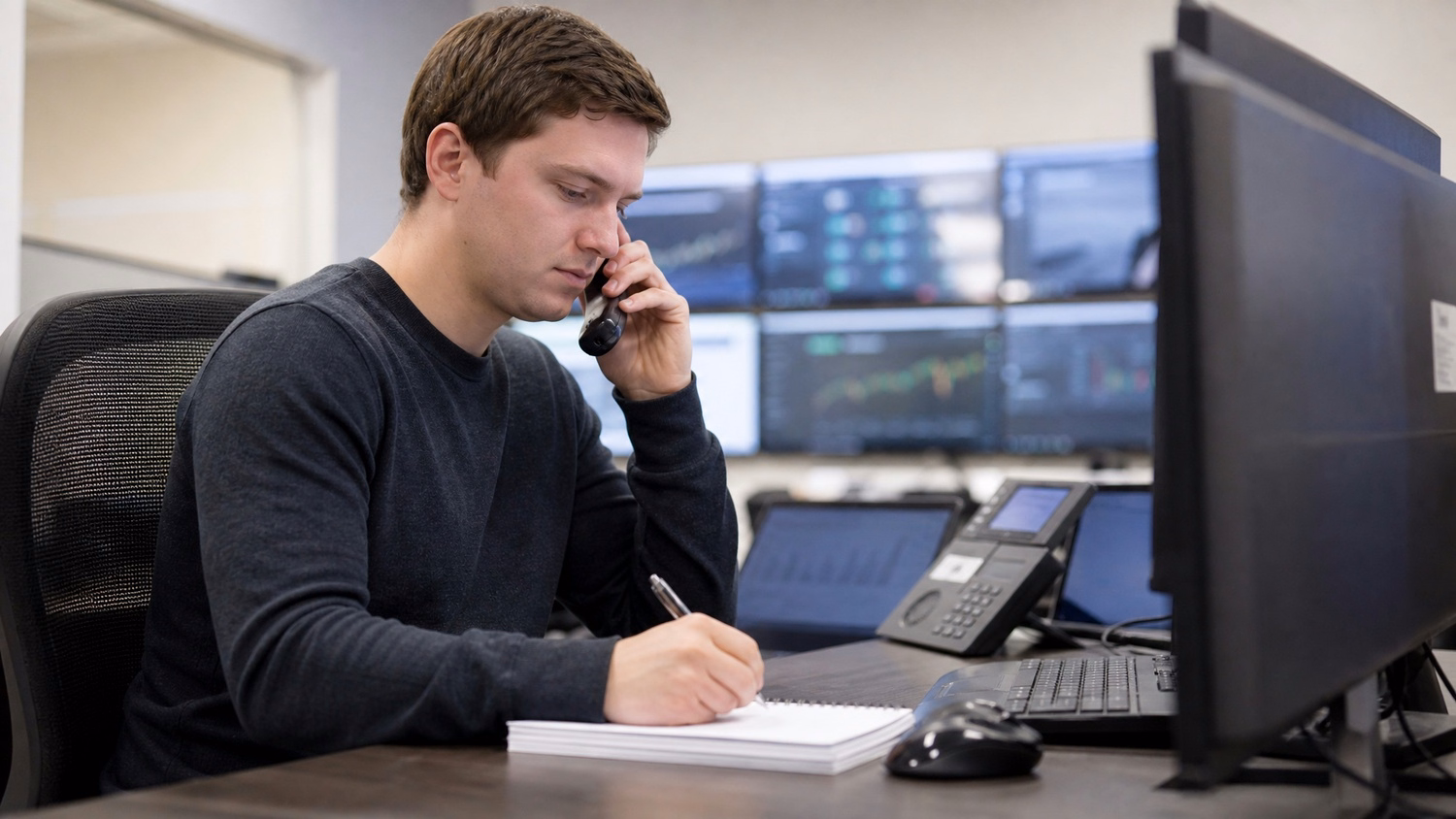 PHONE CALL AT DESK An IT professional one person at a desk with phone to one
