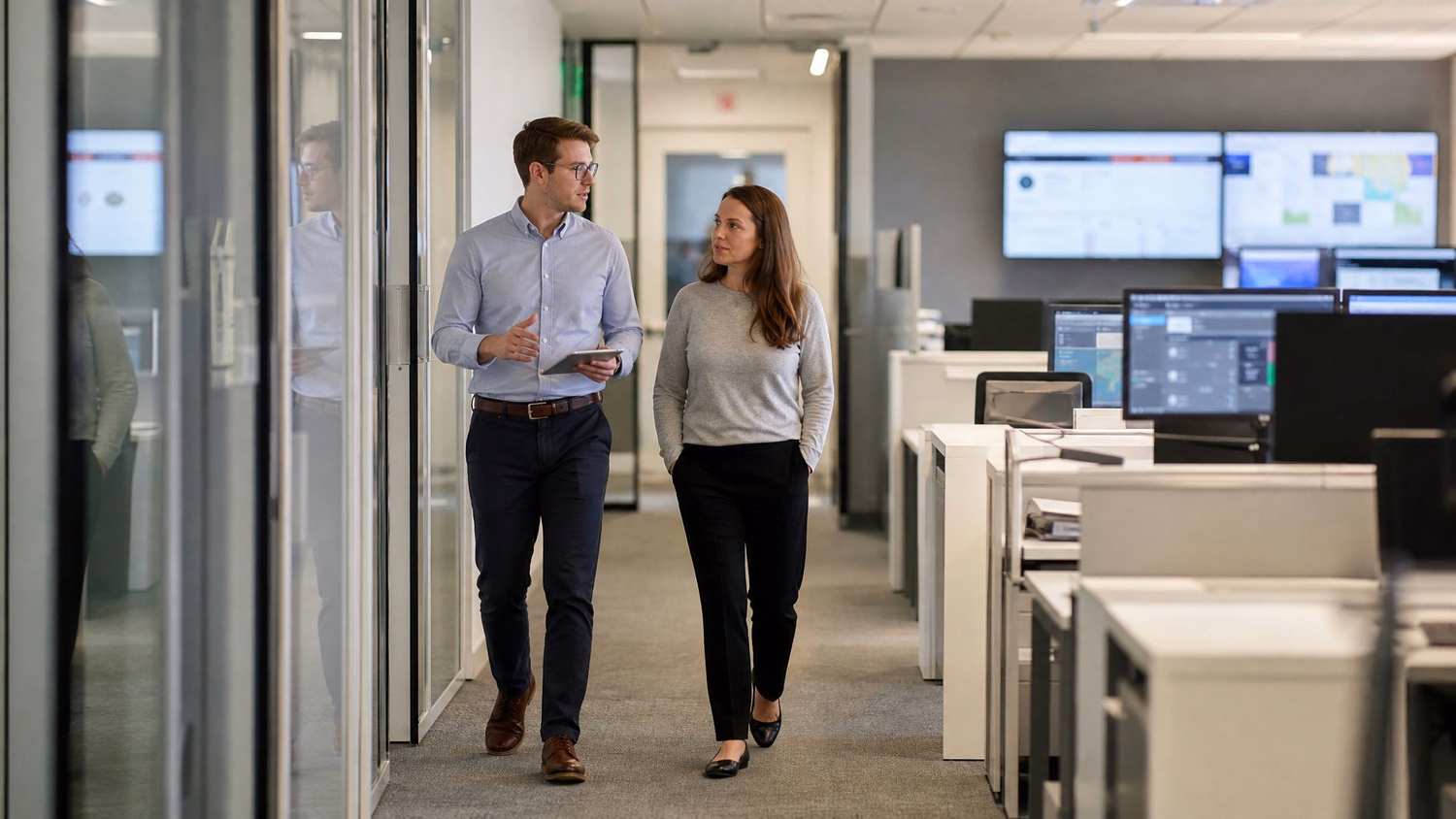 WALKING CORRIDOR An IT professional one or two people walking mid-stride thr