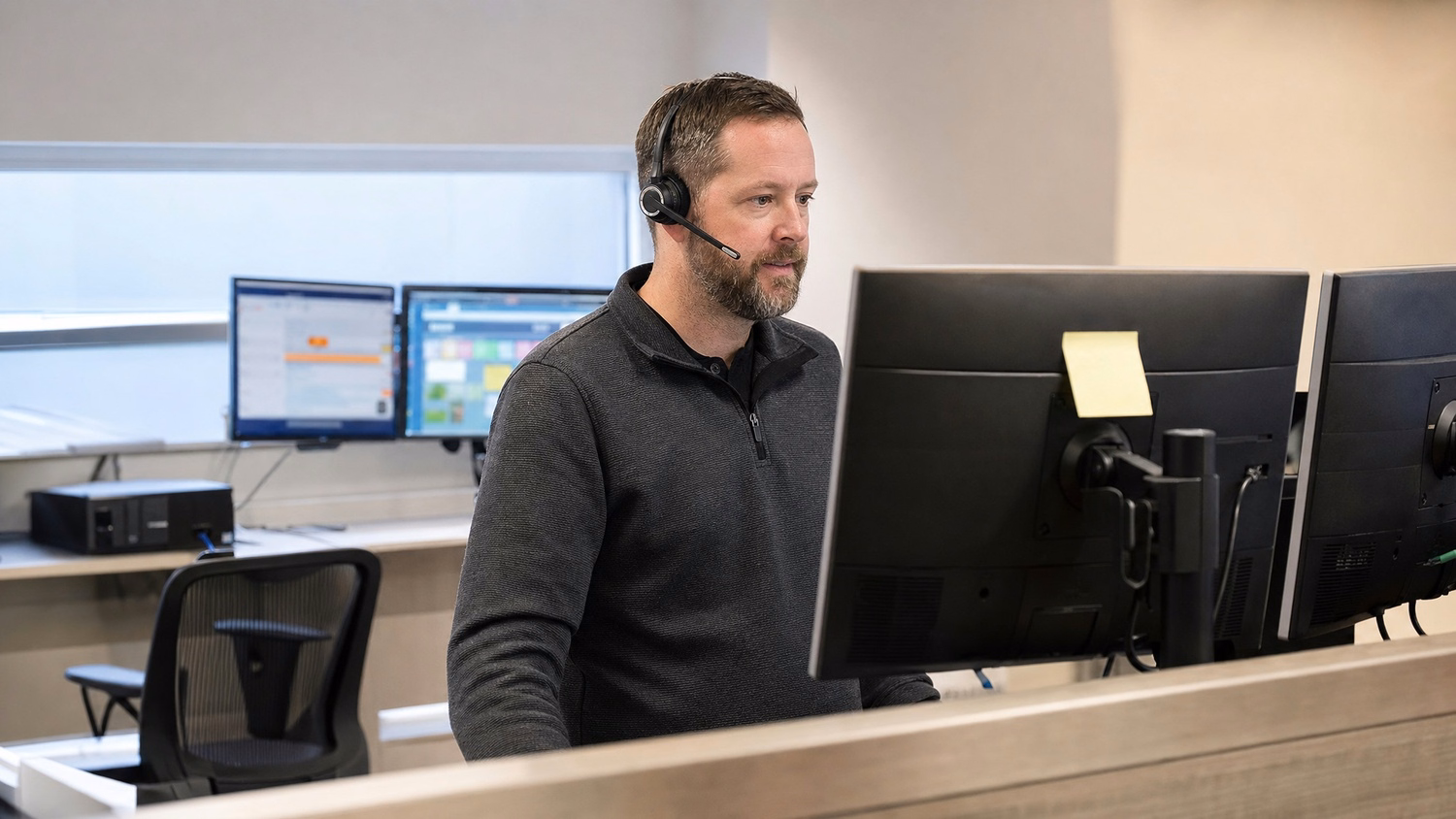 IT support agent with headset at help desk monitors 64