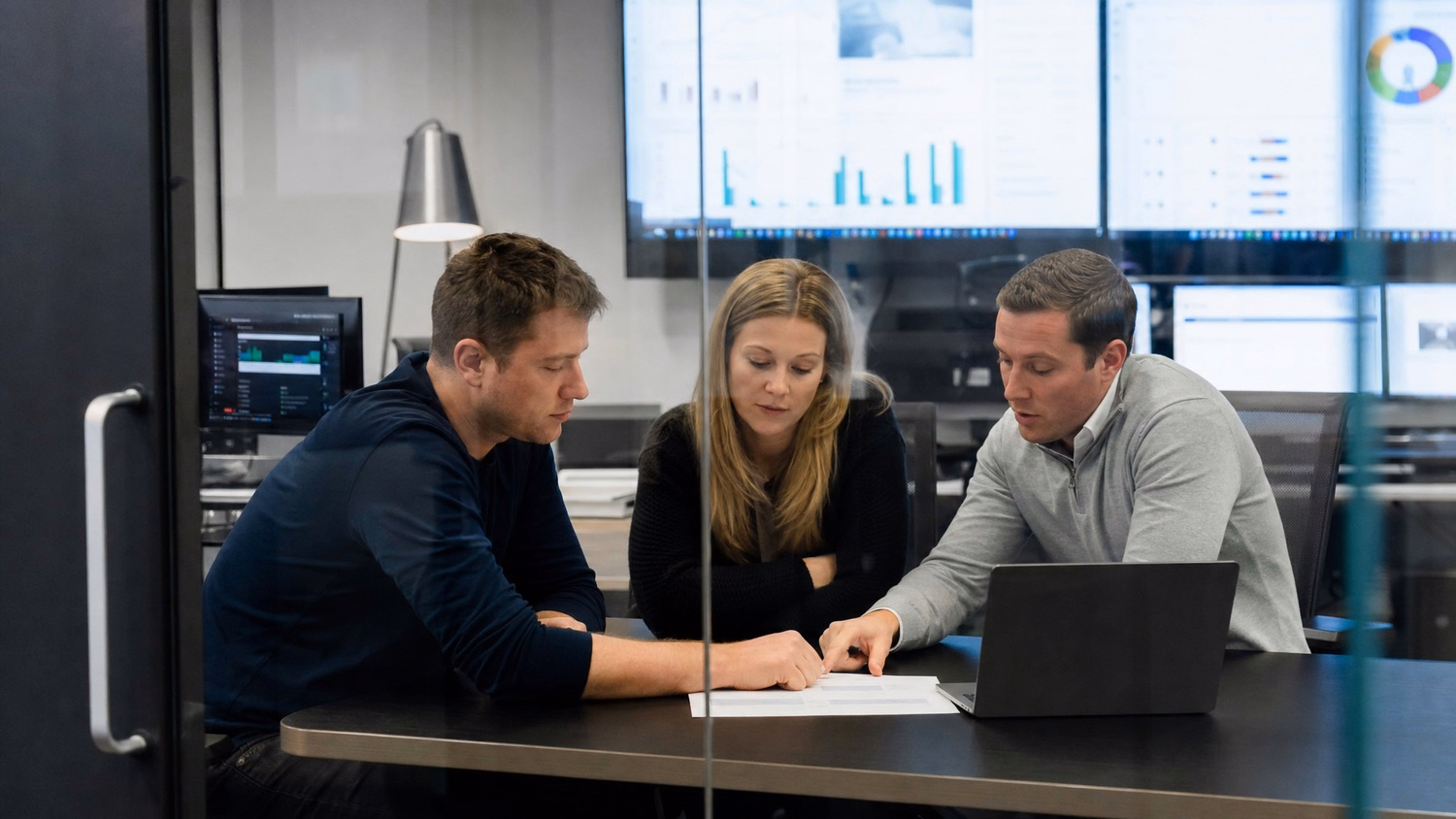 Business team meeting in glass conference room, reviewing document