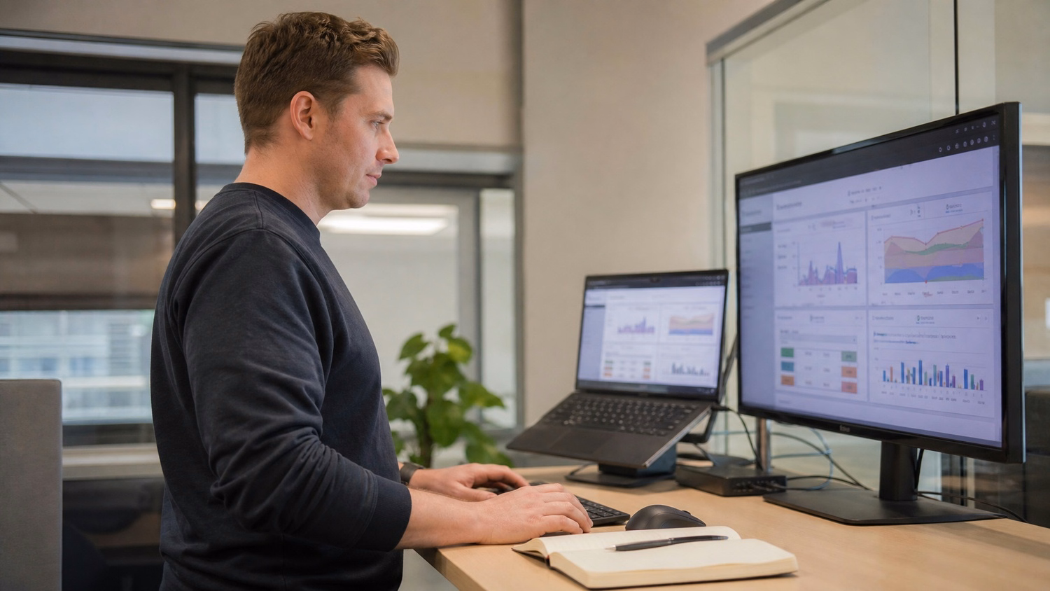 Man at standing desk typing on keyboard, notebook nearby