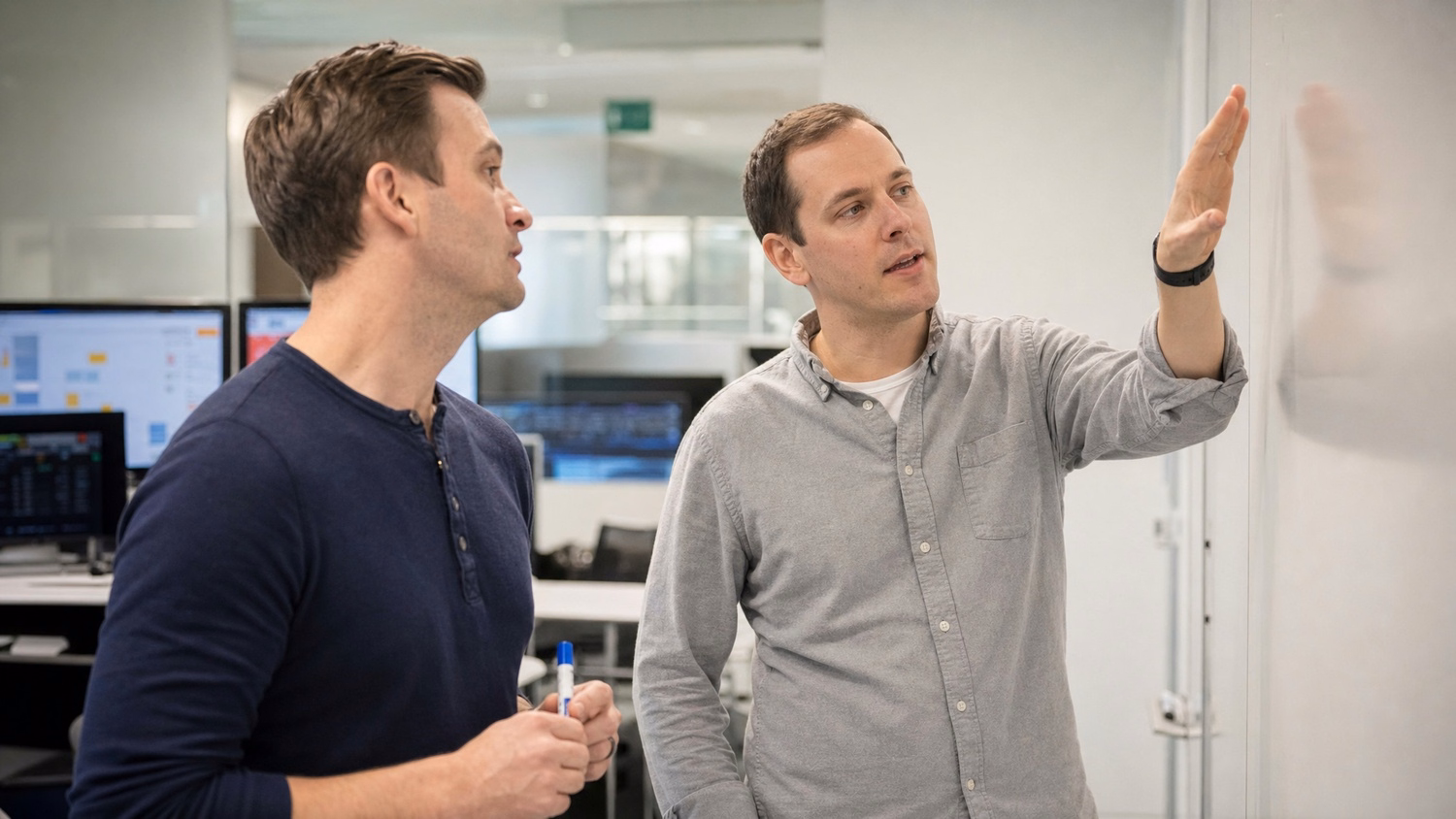 IT professionals collaborate at whiteboard, discussing solutions