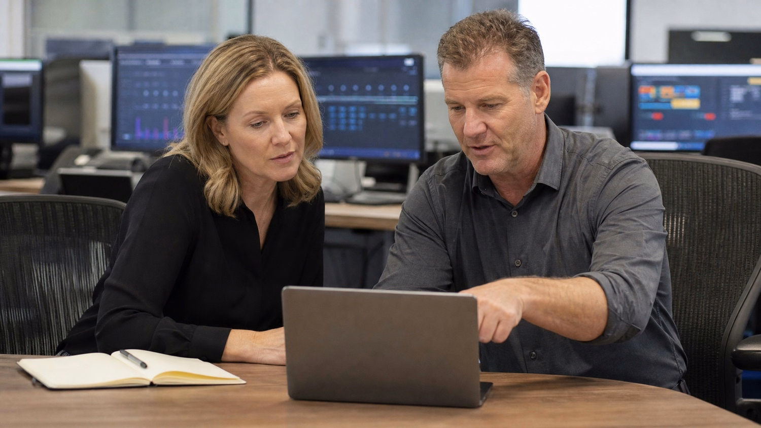 Two colleagues review laptop screen together, discussing IT maintenance 70 chars