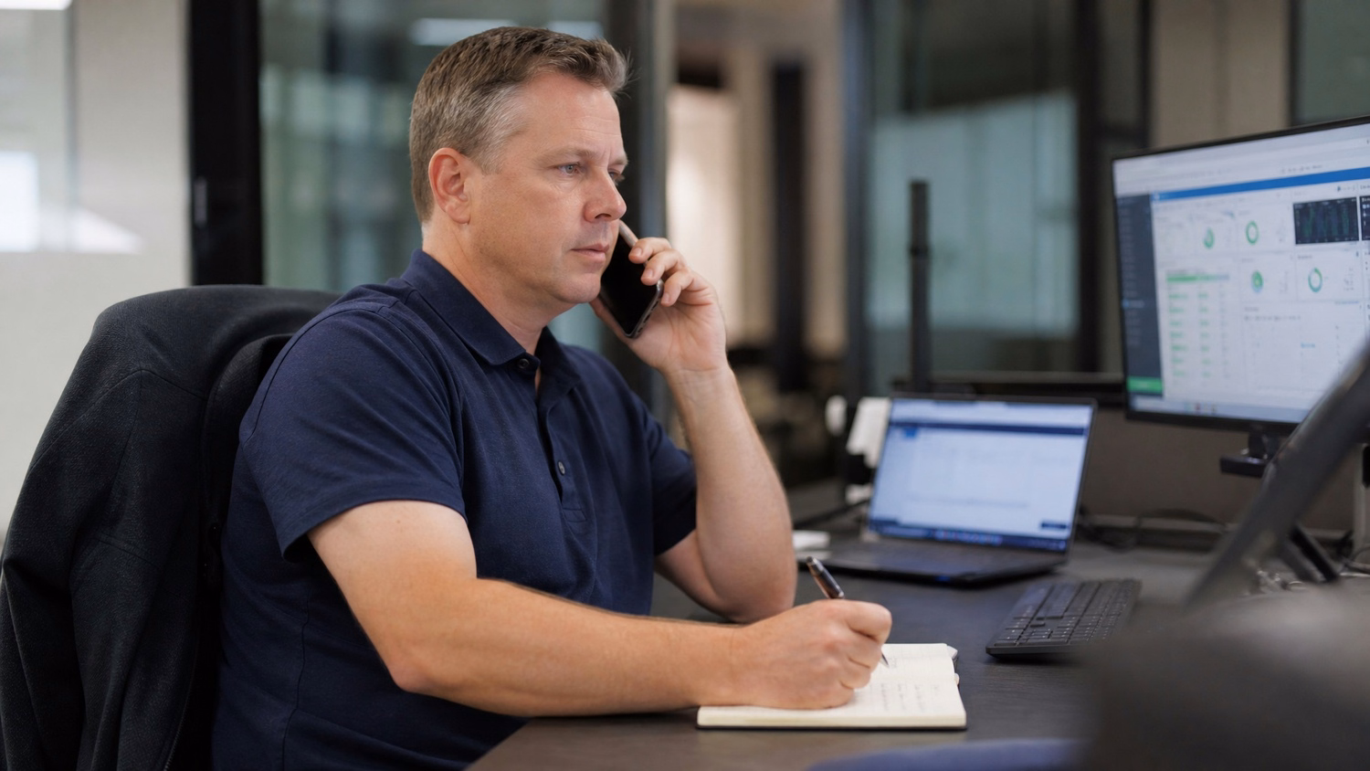 Man in polo shirt on phone, holding pen over notepad
