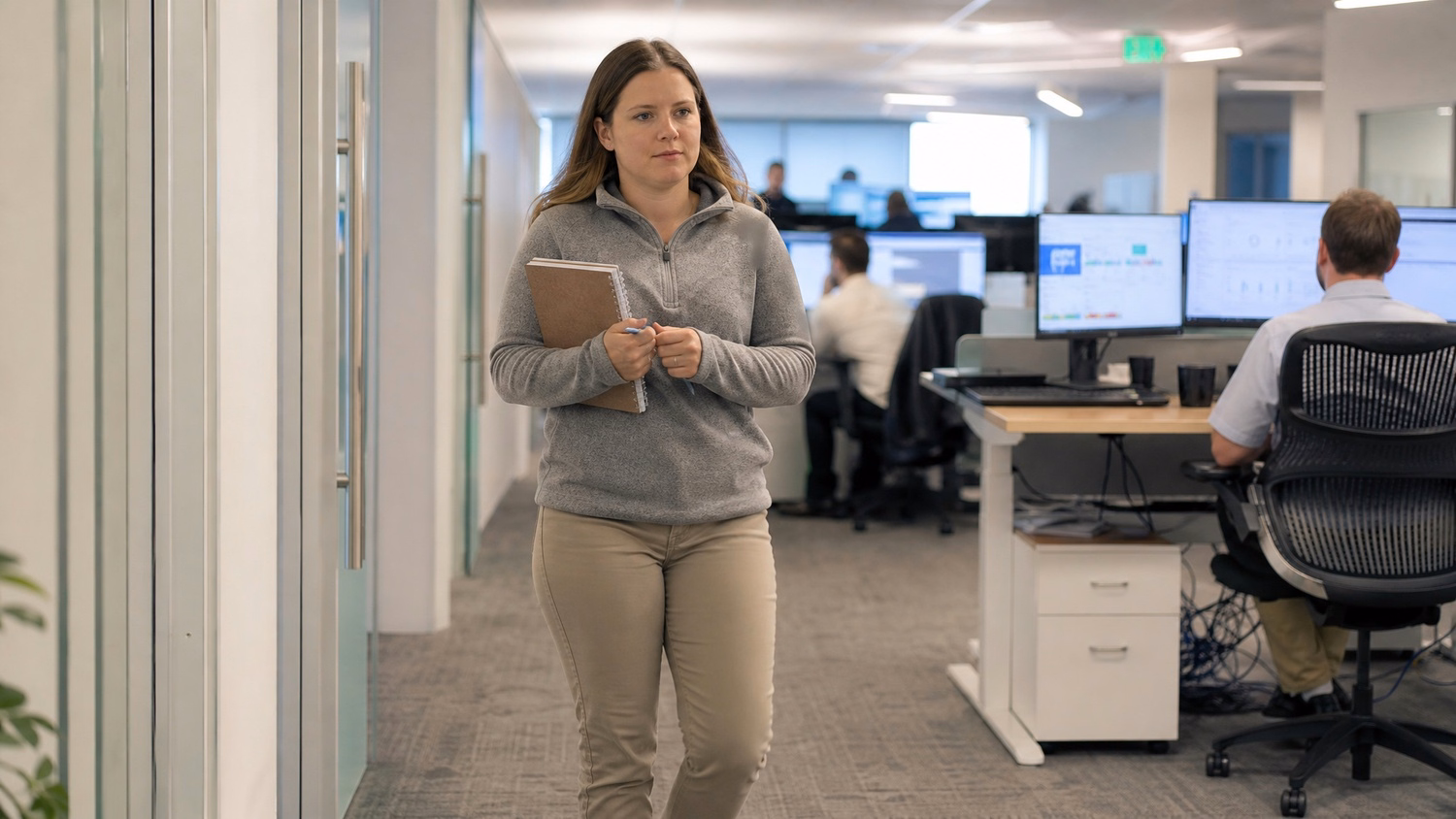 Woman walks down office hall with notebook, loose cables visible