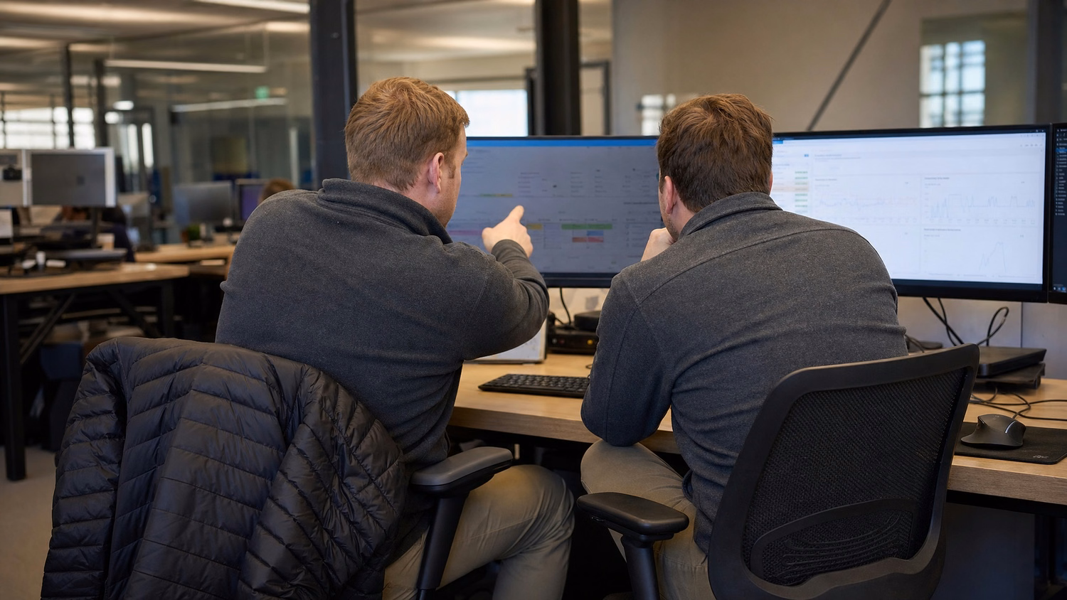 Two colleagues review data on shared computer screen 56 chars