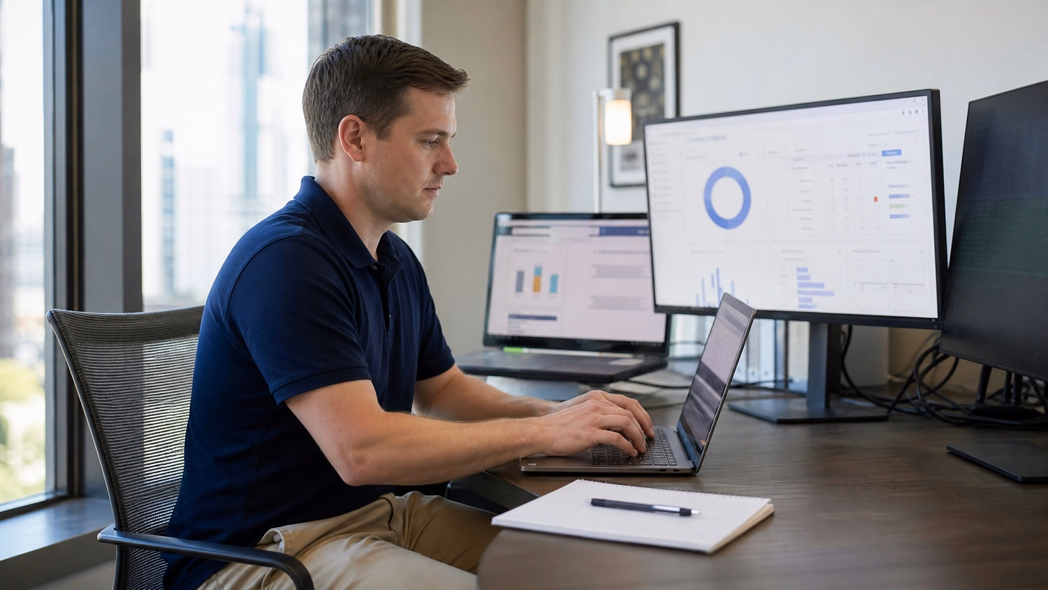 Man working on laptop by office window, natural light