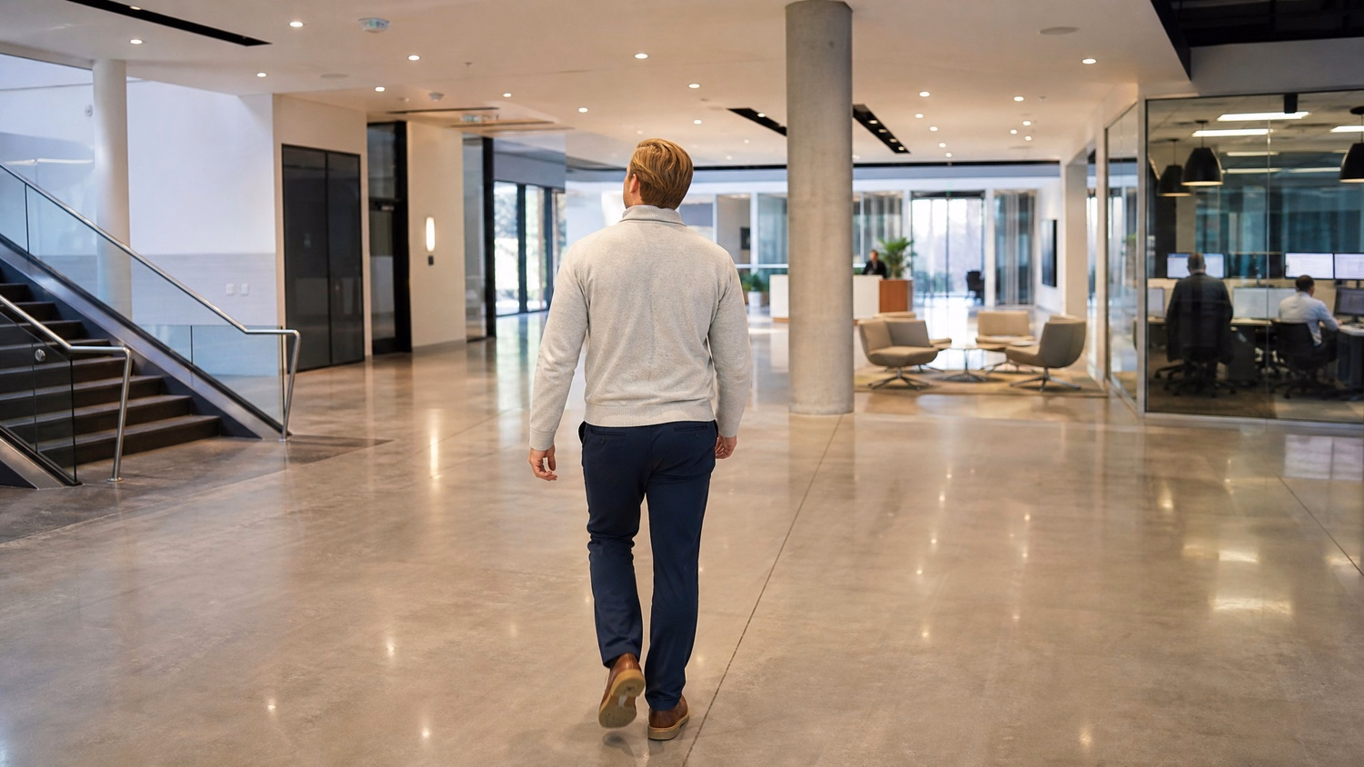 Man walks across modern empty office lobby