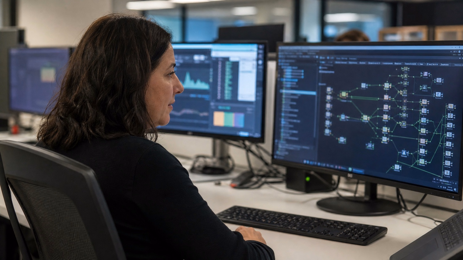 IT specialist analyzing network diagram on dark dashboard