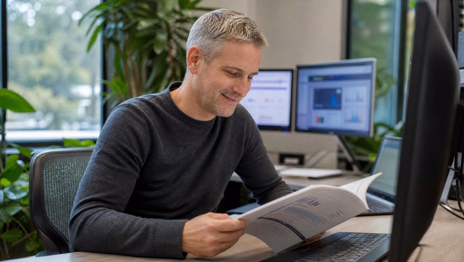 Greying man reads manual by office plants 50