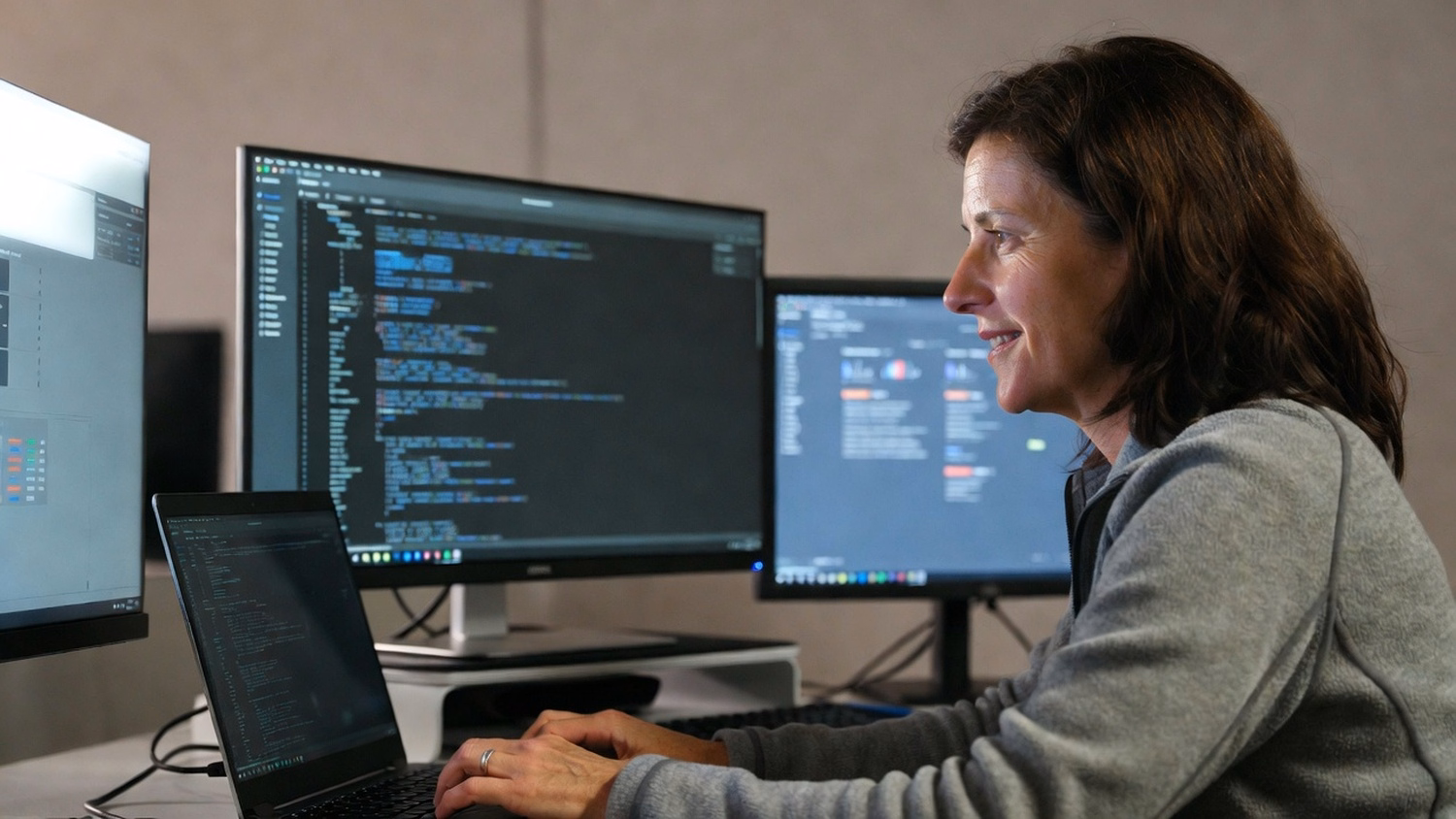 Woman in grey fleece types on laptop connected to monitor 49 chars
