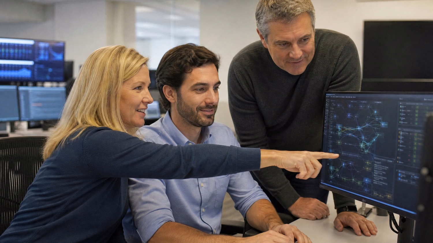 Team reviewing complex network diagram at monitor 56