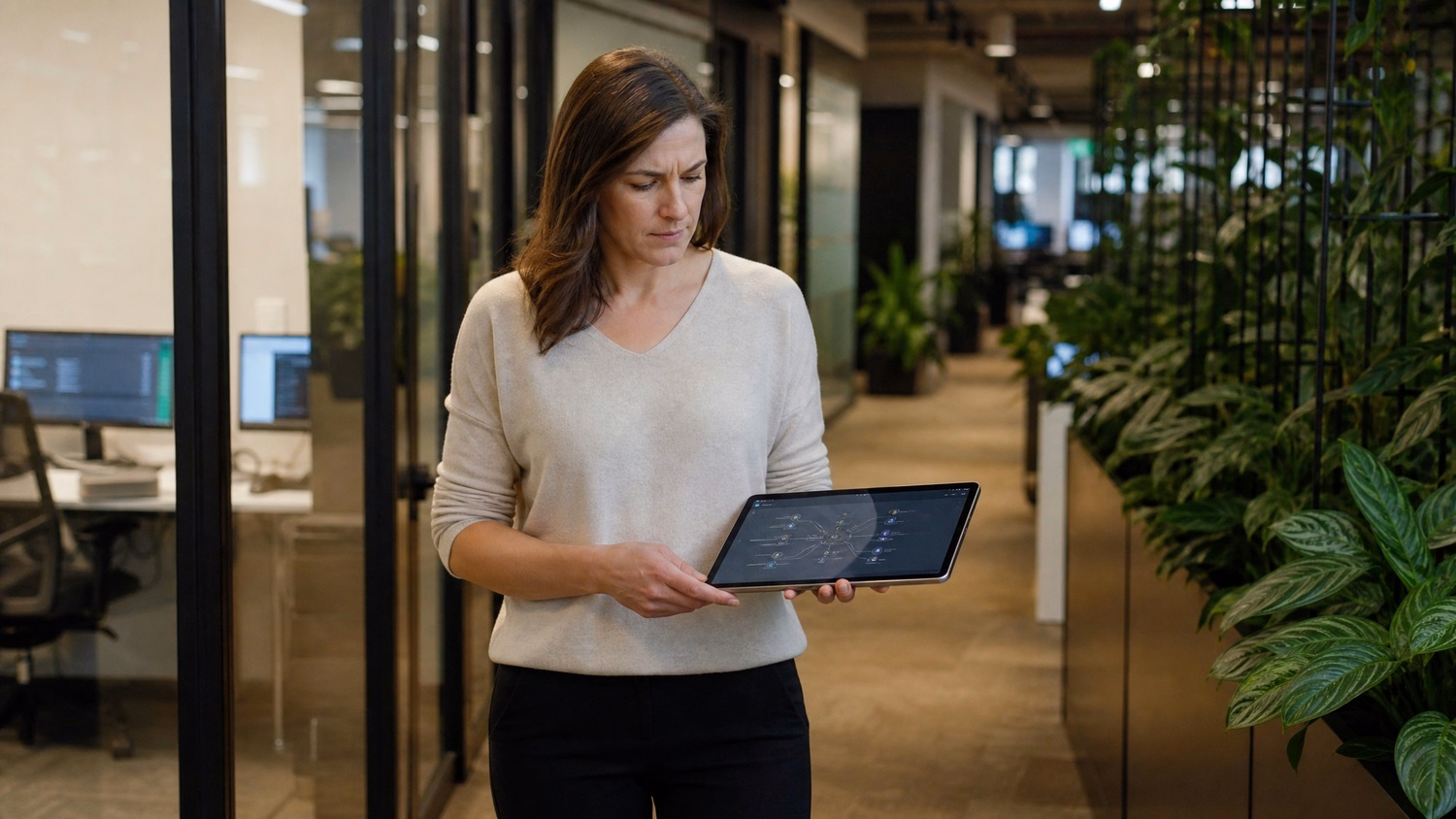 Woman analyzes network diagram on tablet in plant-lined corridor