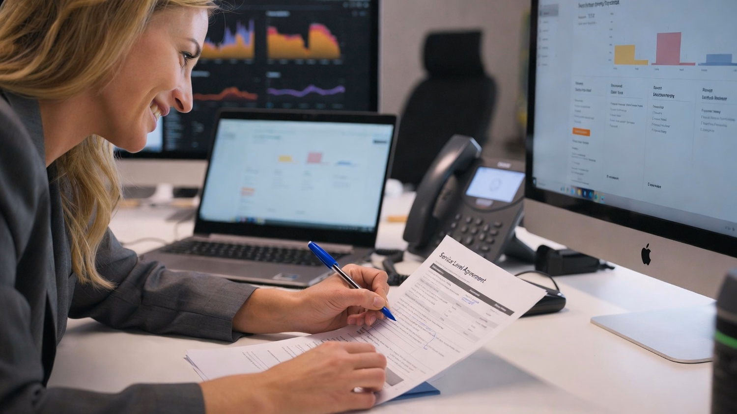 Woman reviews service agreement with pen at desk 55