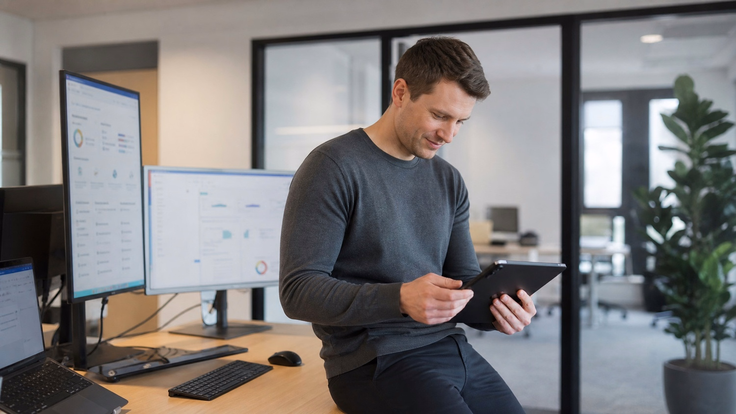 Person scrolls managed IT services list on tablet at desk 61 chars