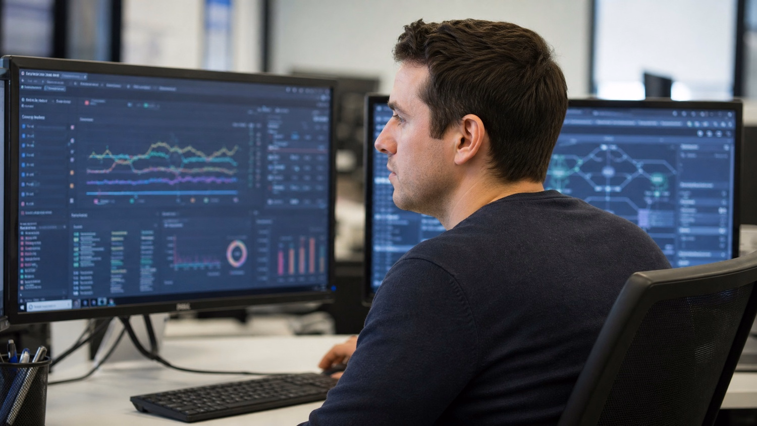 IT technician monitoring server dashboards on dual screens