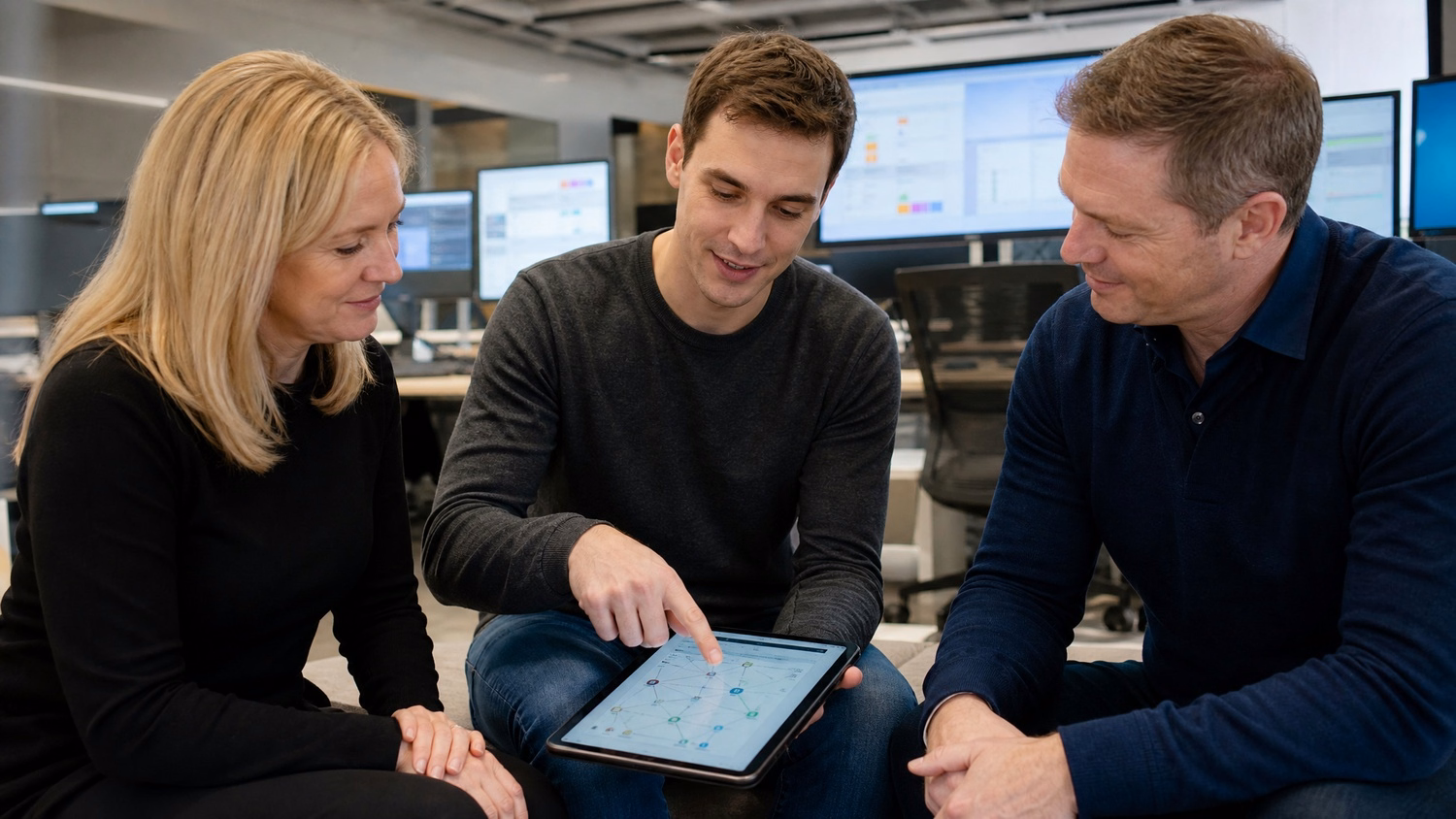 IT team huddle discussing network diagram on tablet 63 chars