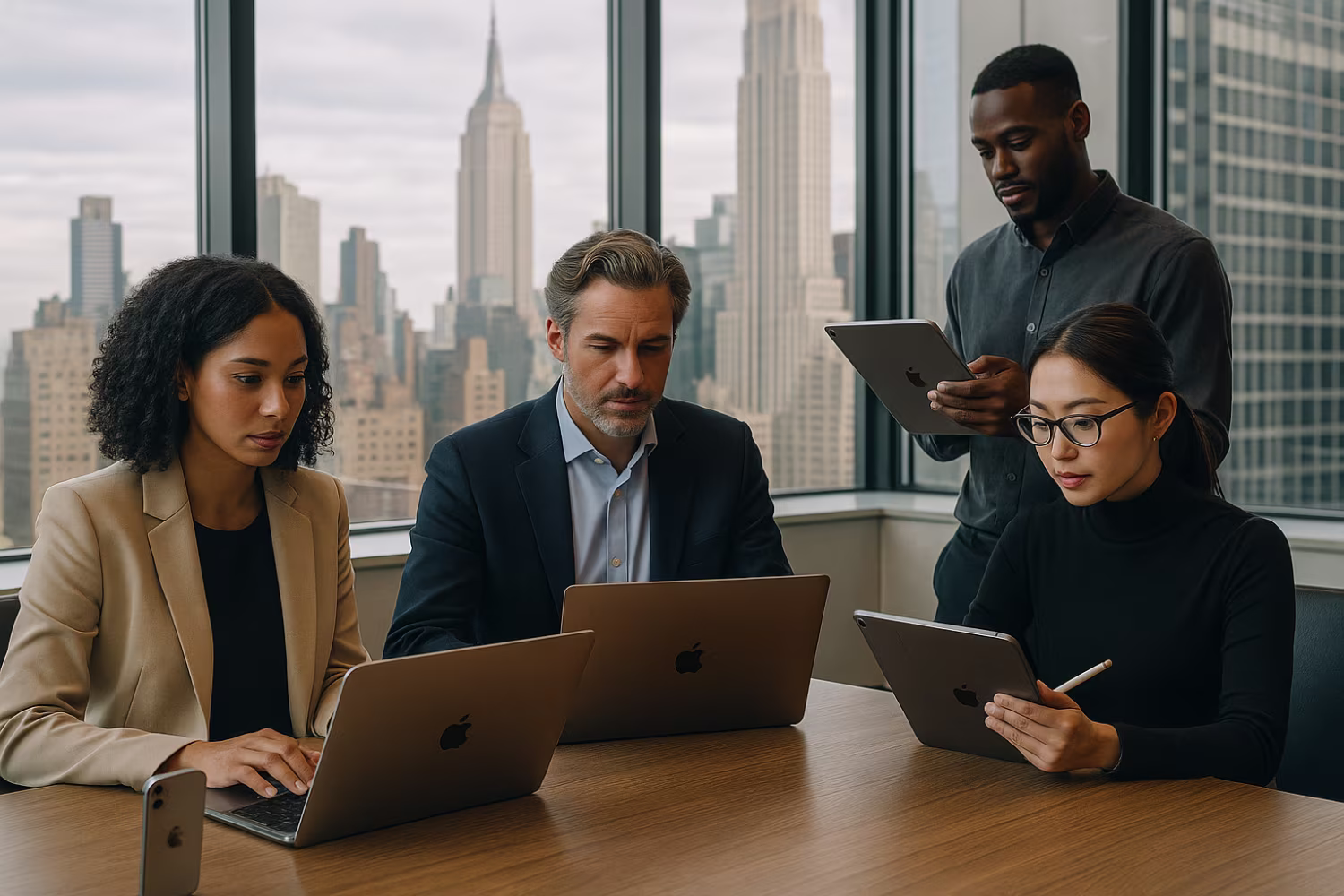 Diverse professionals using Apple ecosystem in Manhattan office