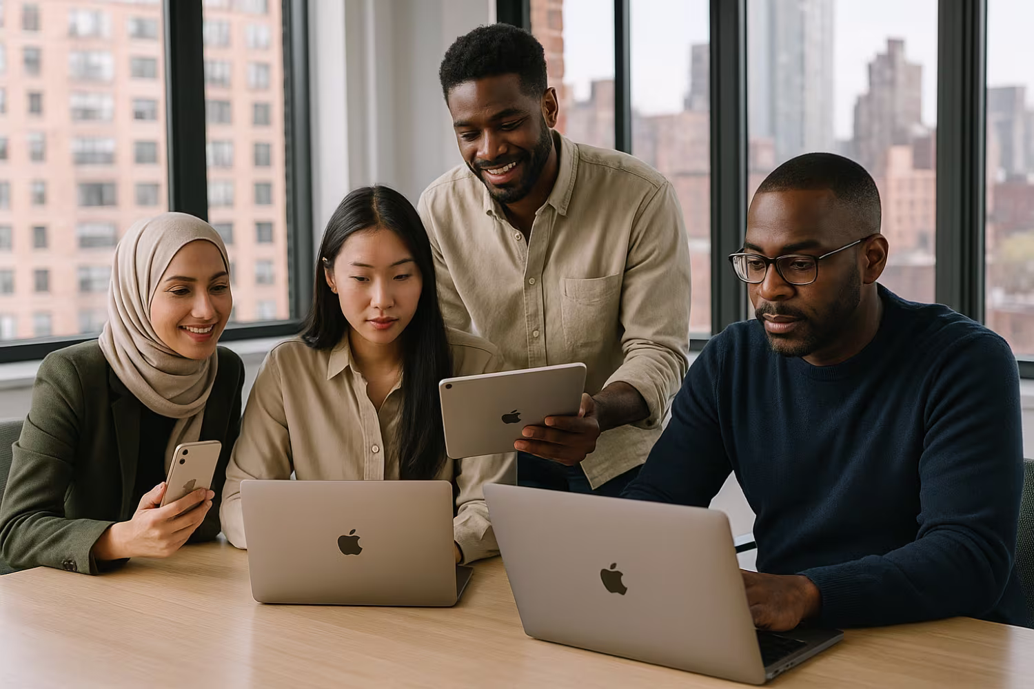 Diverse professionals using Apple ecosystem