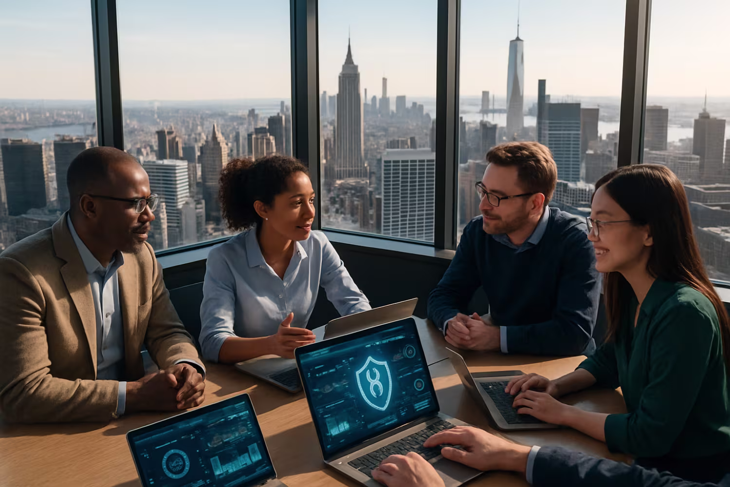 Diverse professionals reviewing cyber risk assessment analytics