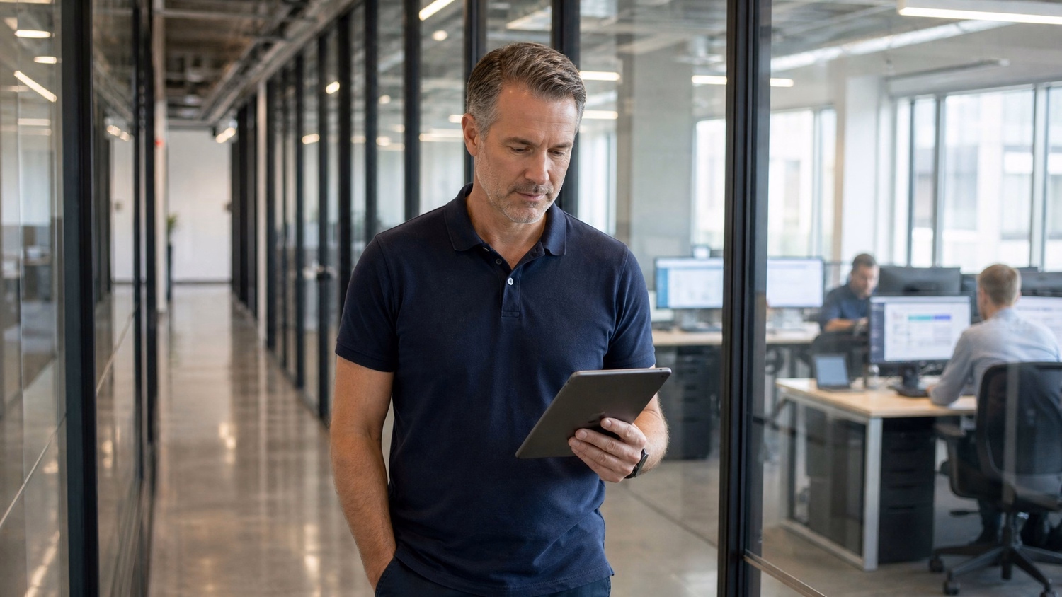 Man on glass walkway checks tablet, thoughtful expression