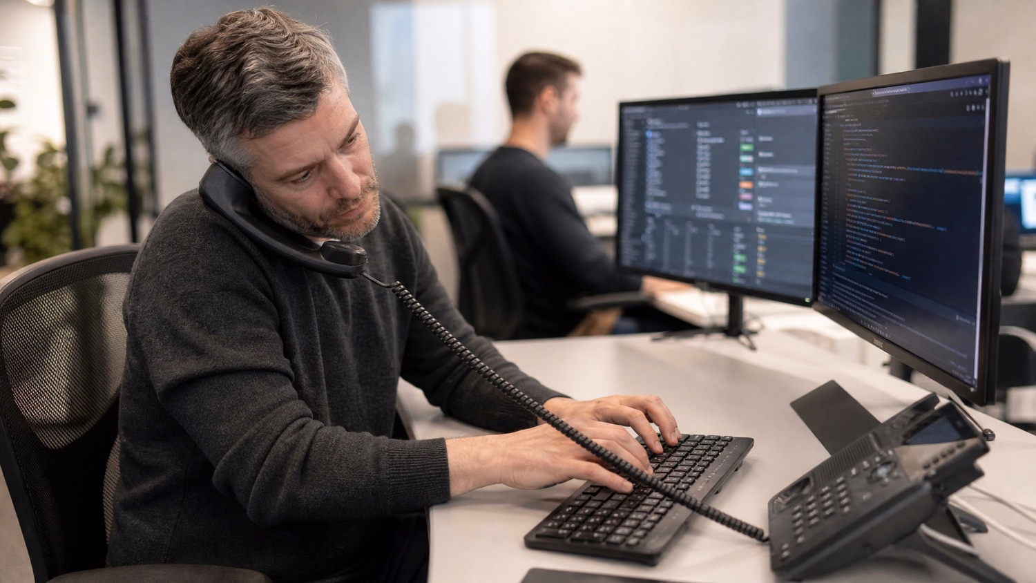 Man with phone types code on computer keyboard