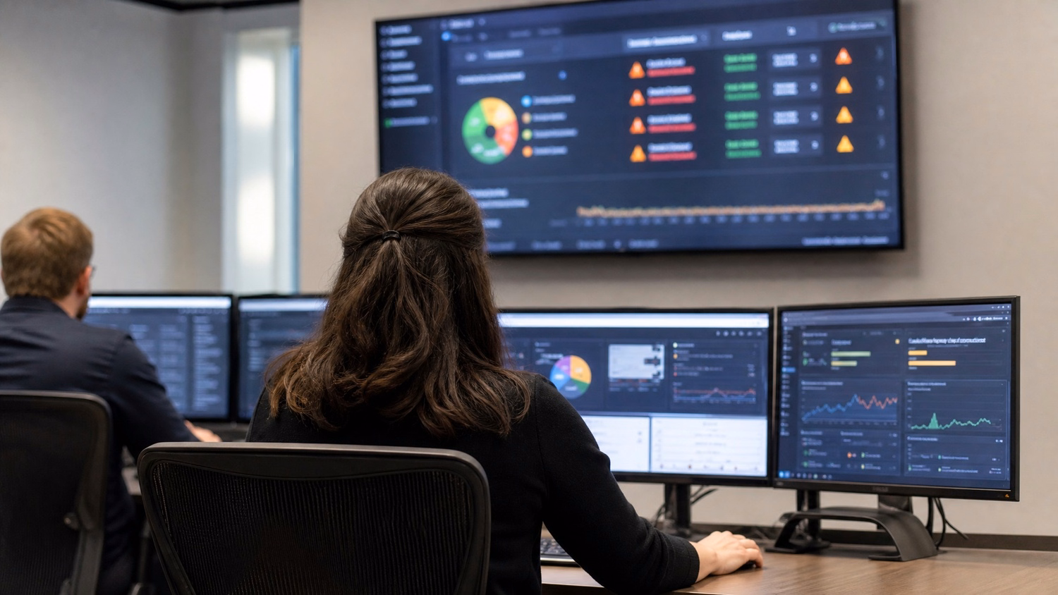 Woman at desk reviews cybersecurity dashboard alerts 60 chars