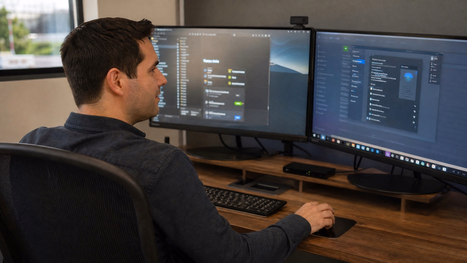 Man configuring AirDrop settings on dual monitors