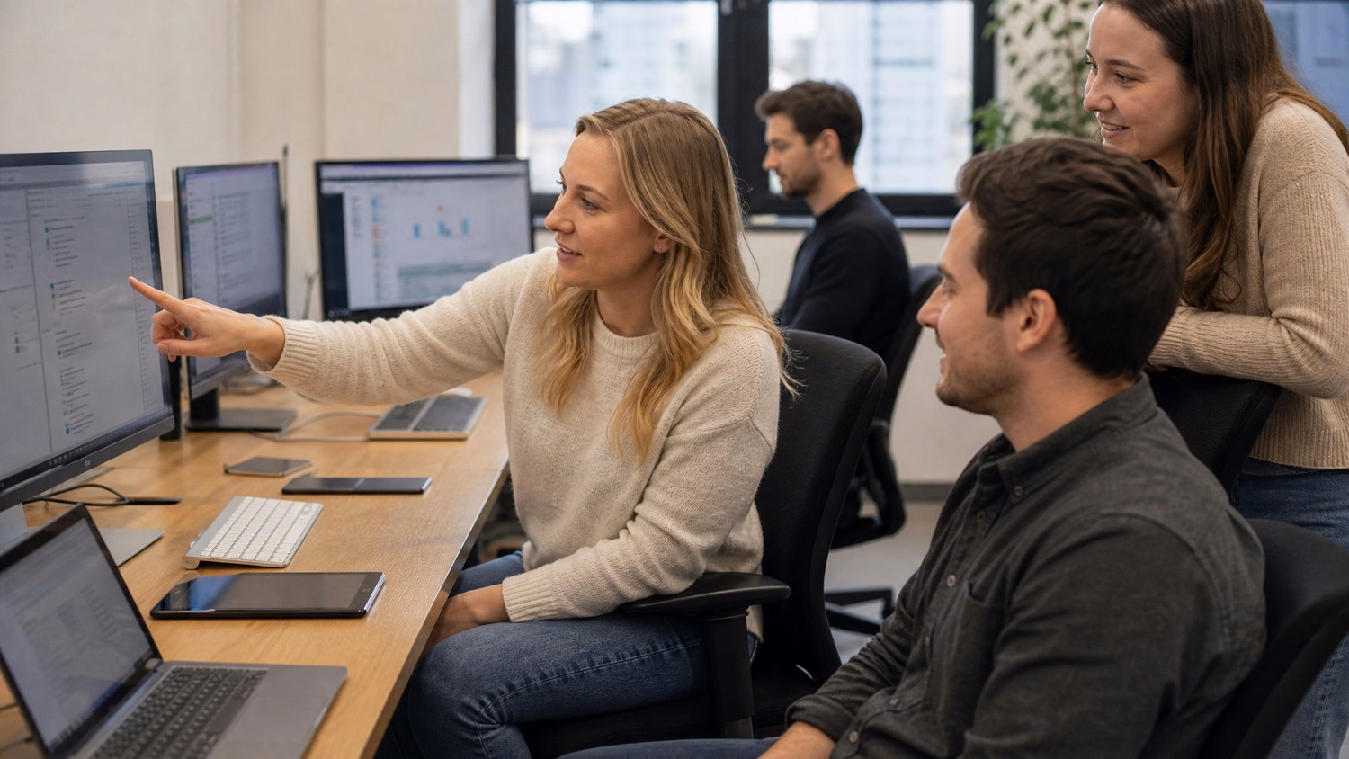 Woman demonstrates iCloud sync setup on multiple devices