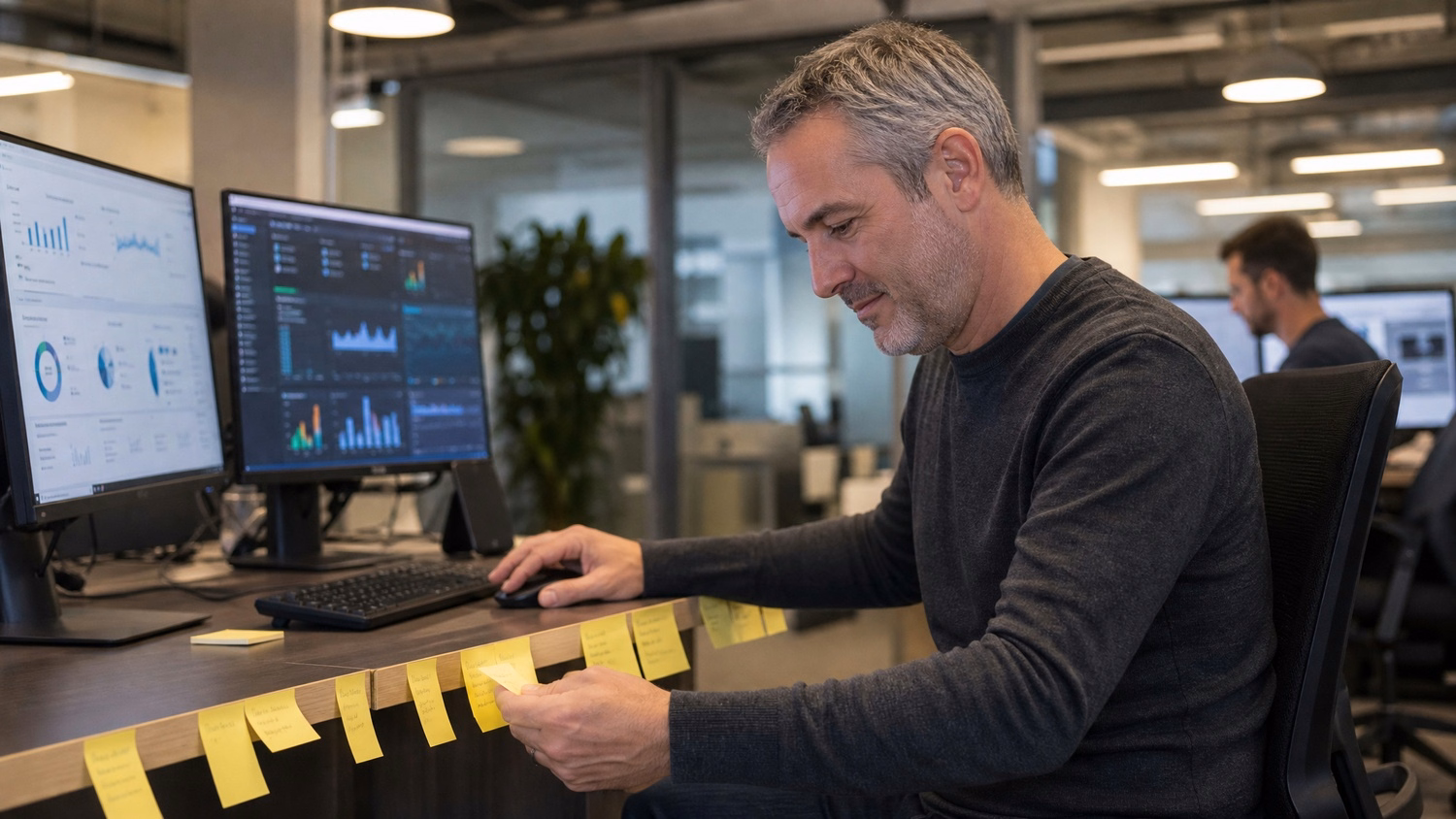 Man adds sticky note to desk full of tasks 51 chars