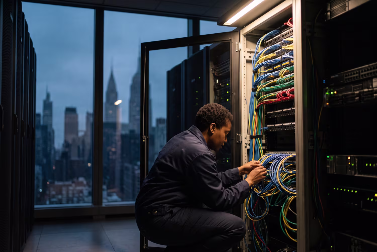 IT technician organizing structured cabling in server room