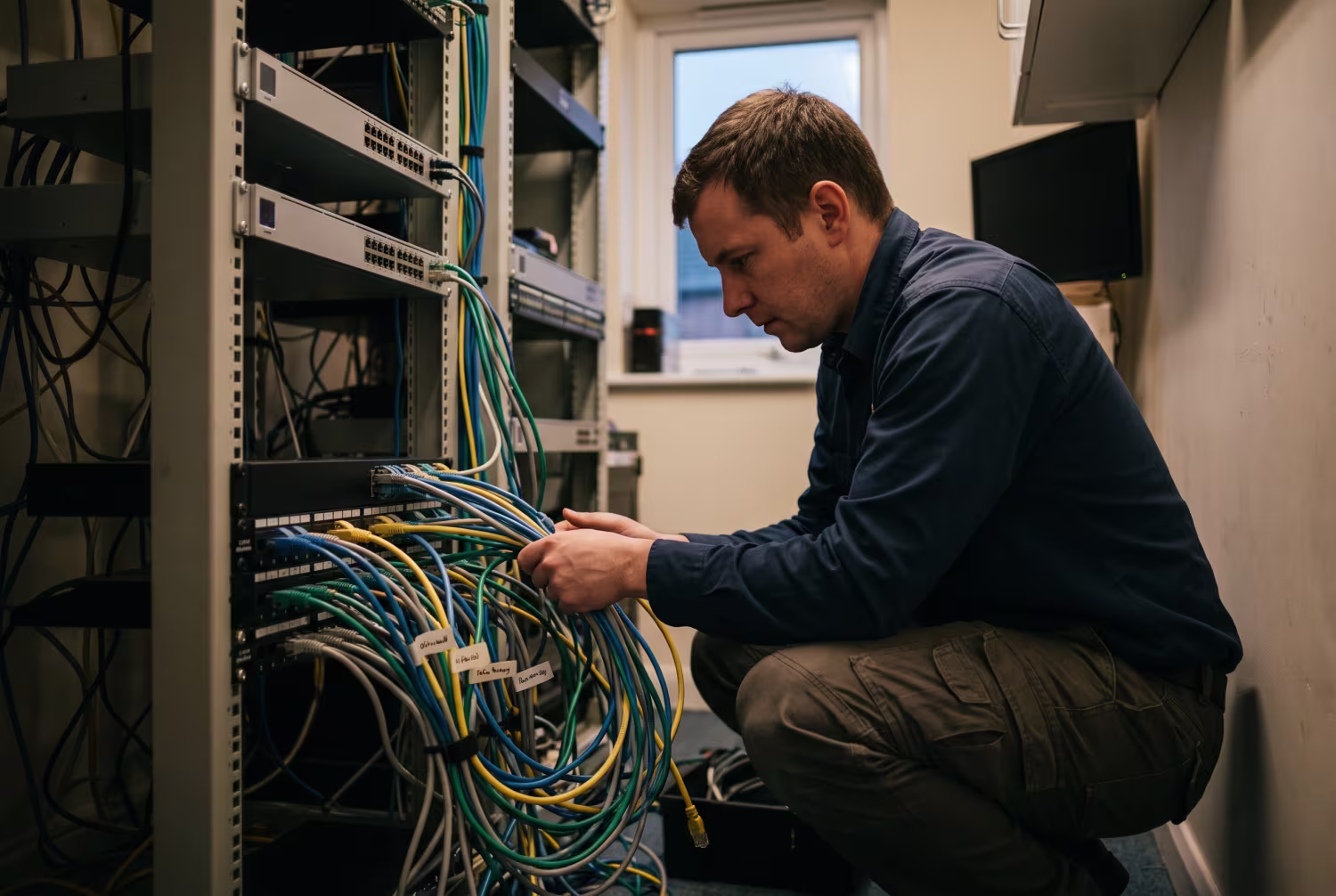 IT technician organizing ethernet cables in networking closet