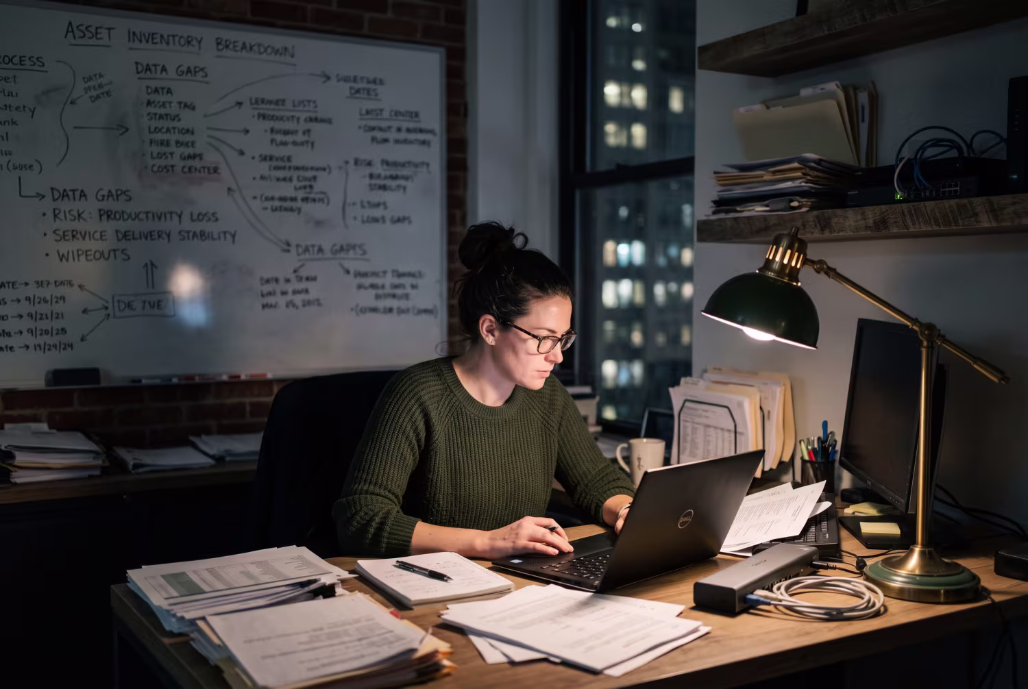 IT professional reviewing laptop amidst paperwork in dimly lit office