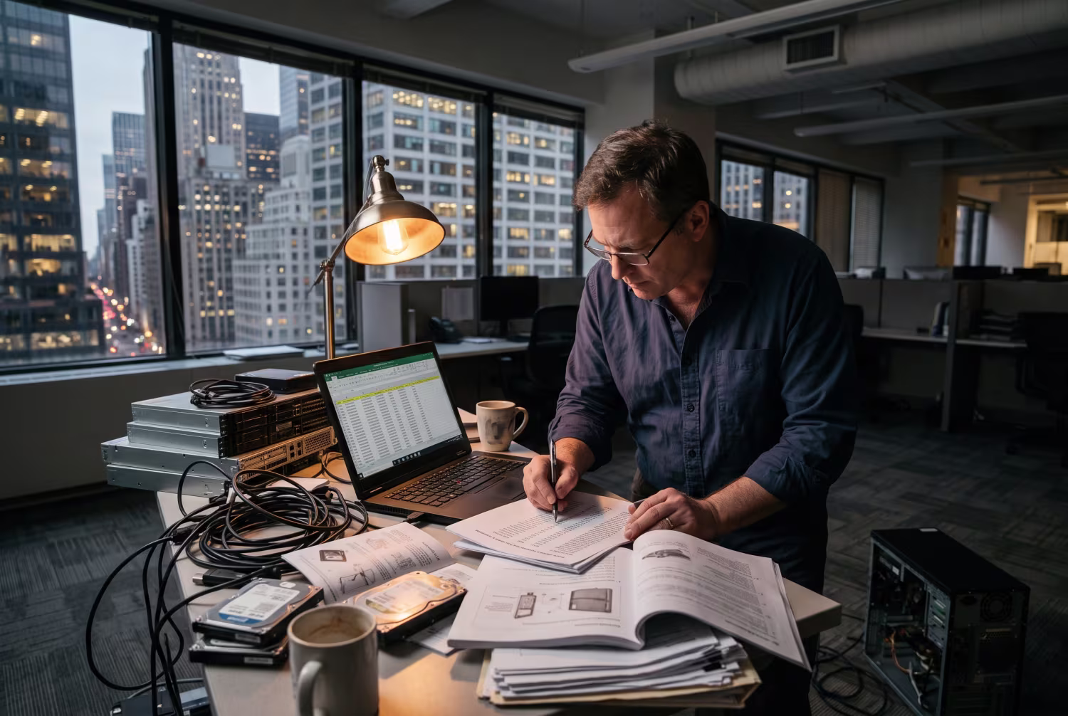 IT technician examining device serial numbers at cluttered desk