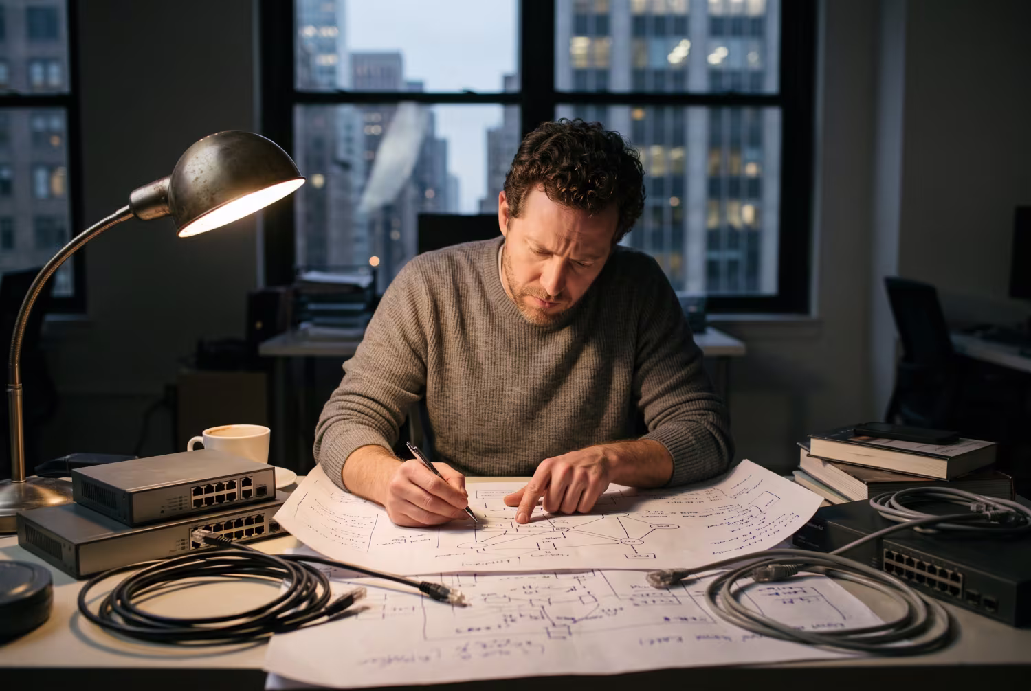 IT professional analyzing system architecture plans on cluttered desk
